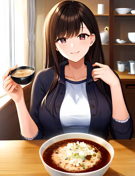 Gurinaza made porridge in her home clothes and smiled back