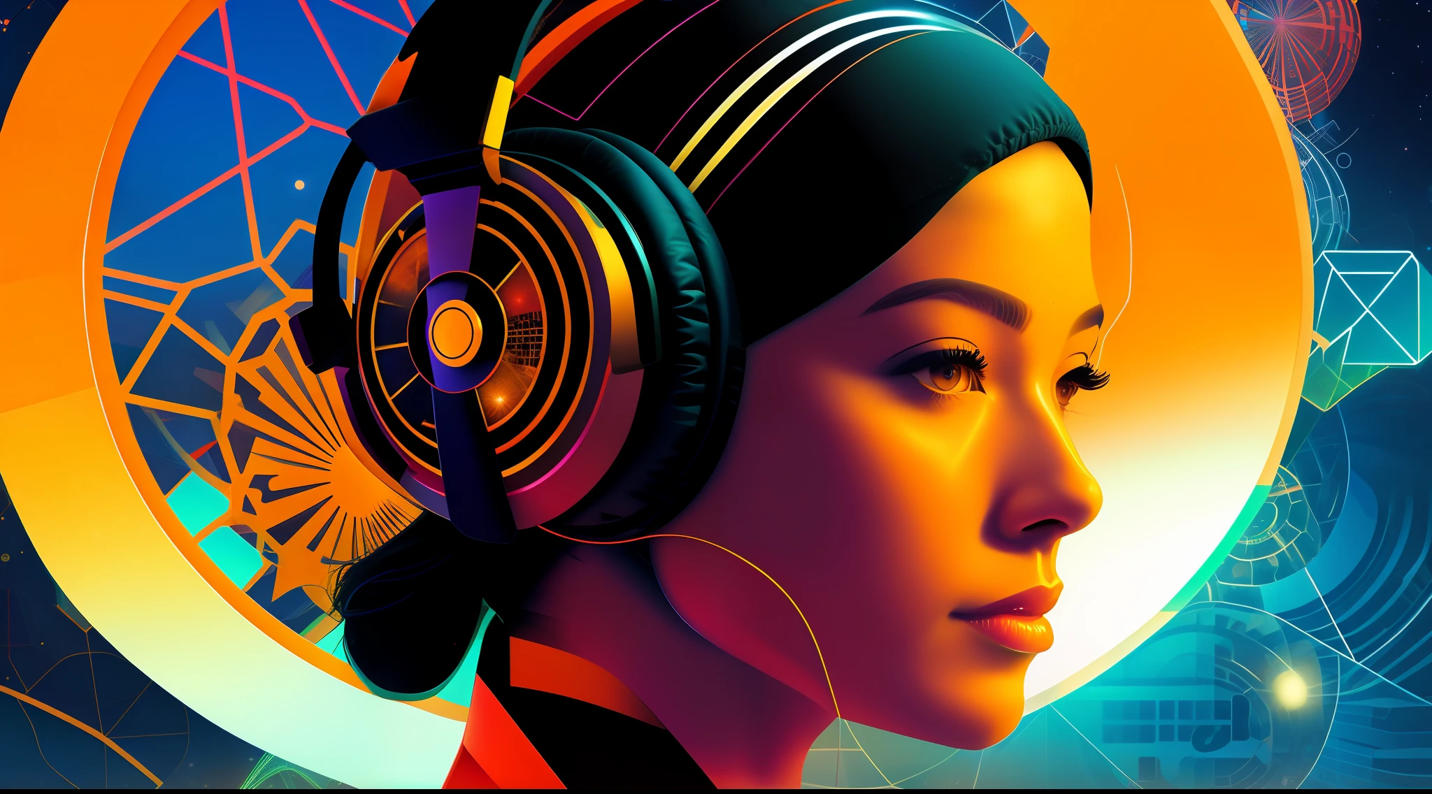 Ultra detalhado bonito androide feminino usando headphone, Retrato Lateral, foco nítido, Retrato VFX altamente detalhado, geometrical forms, global ilumination, por james jean e moebius e artgerm e liam brazier e victo ngai e tristan eaton. arte vetorial, digital illustation, arte conceitual, Dia de Finados:. 8 mil, HDR