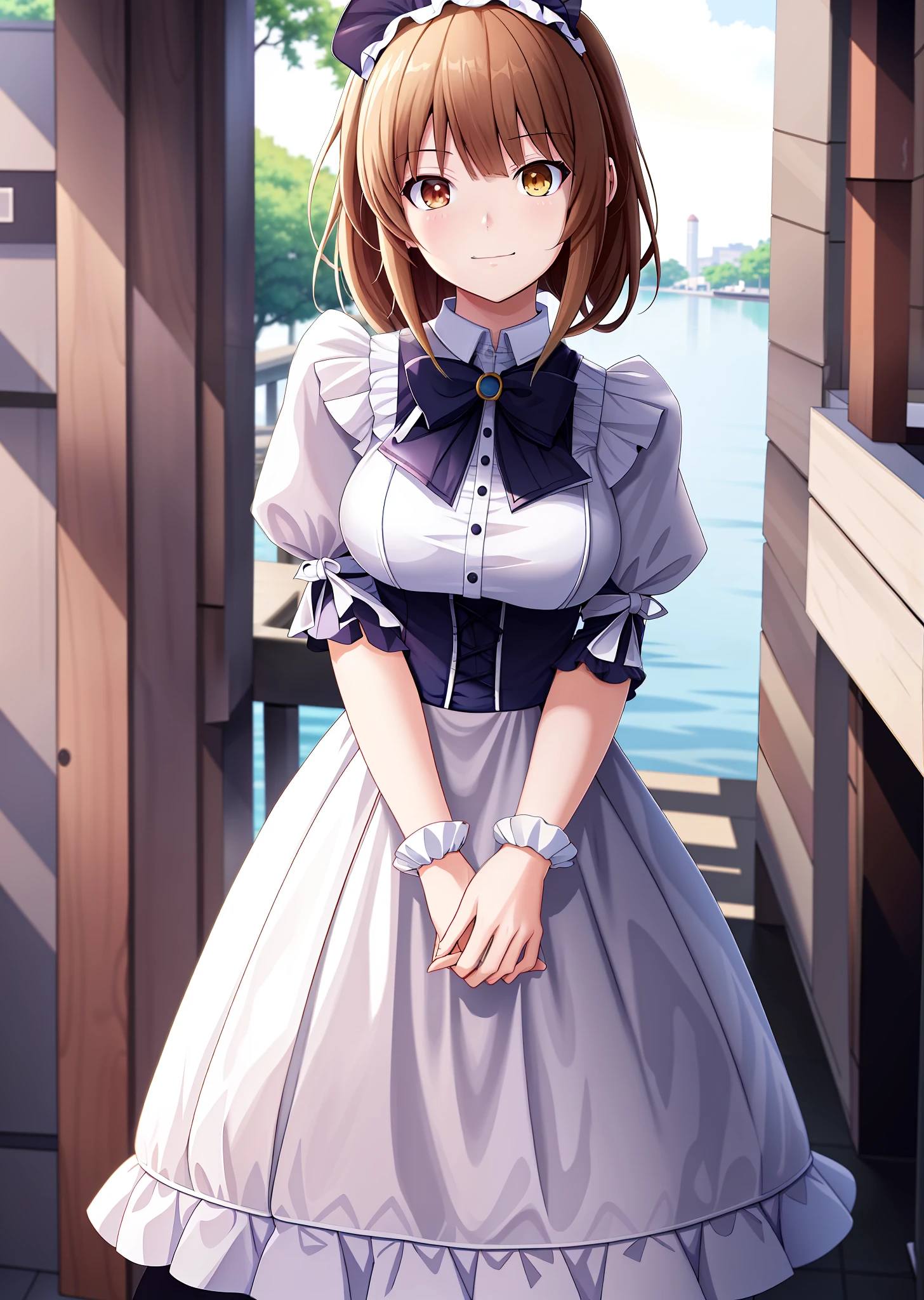 anime girl in a white dress standing on a dock by the water, loli in dress, cute anime waifu in a nice dress, small curvaceous loli, anime visual of a cute girl, anime girl in a maid costume, anime highly detailed, Beautiful anime girl, up of young anime girl, Cute anime girl, Anime girl wearing black dress, photorealistic anime girl rendering