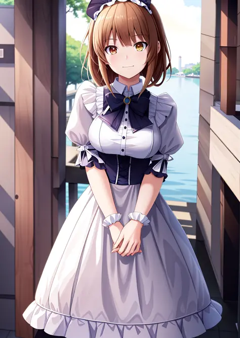 anime girl in a white dress standing on a dock by the water, loli in dress, cute anime waifu in a nice dress, small curvaceous l...