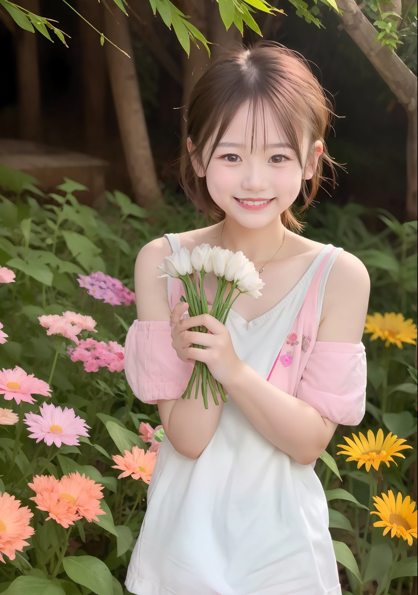 adolable，littlegirl，youthfulness，and love to laugh，rays of sunshine，goodlooking，shoulder-length short hair，Sunnyday，shortsleeves，Qi bangs，White skin，Pink top，The photograph，naturey，brilliant smile，Holding flowers in hand，Around 10 years old