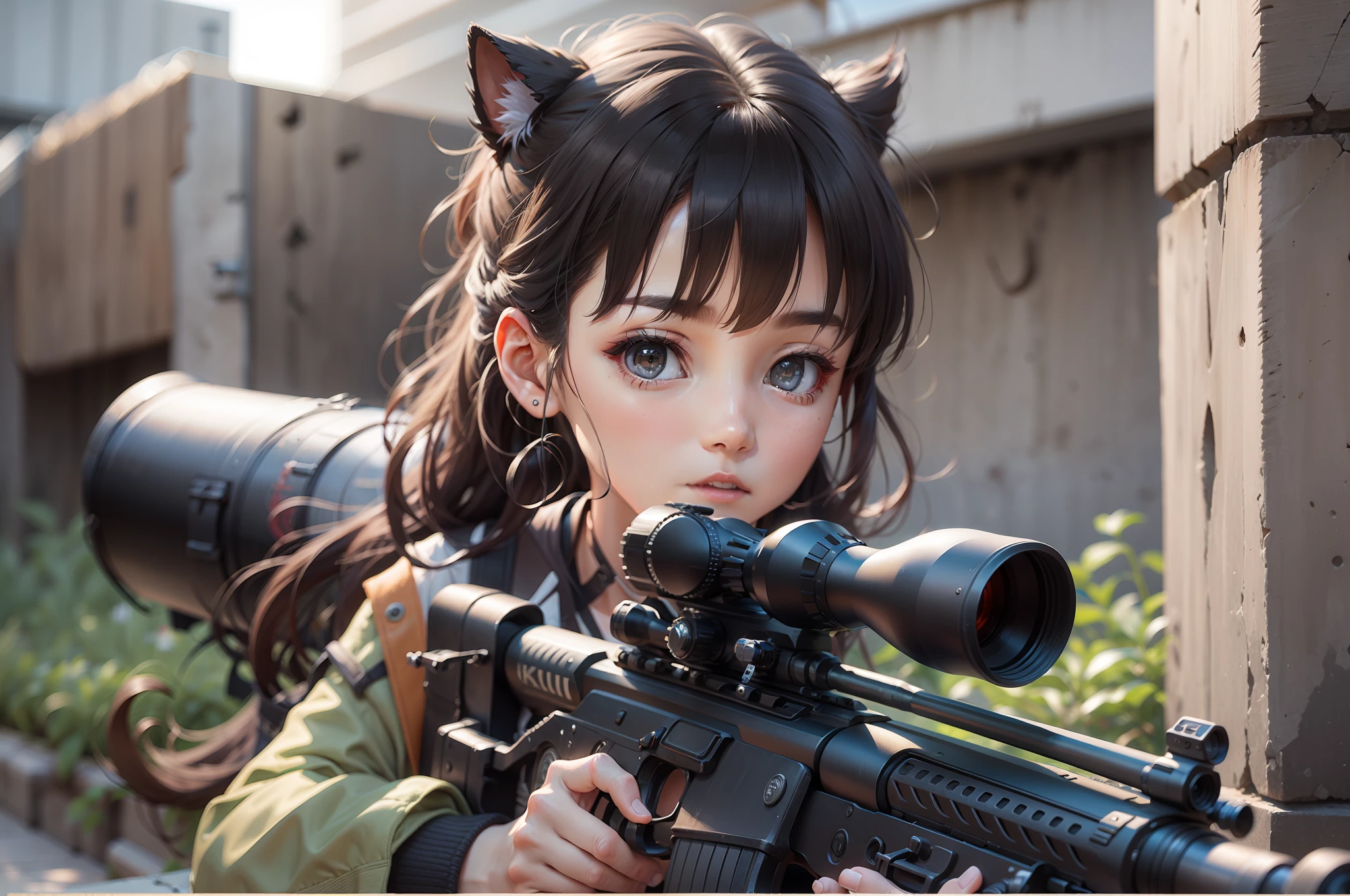 JK girl wearing black silk holding a sniper rifle，k hd，rays of sunshine