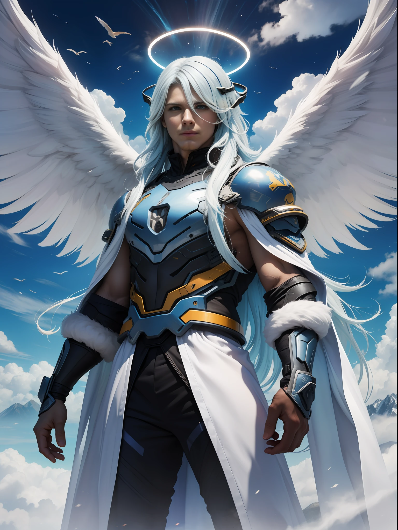 (Masterpiece, High Definition, Ultra High Definition, 4K, ) (hyper-realistic digital illustration) A man with a halo of fire and wings of darkness, standing atop a mountain of clouds (long white and blue hair scruffy)