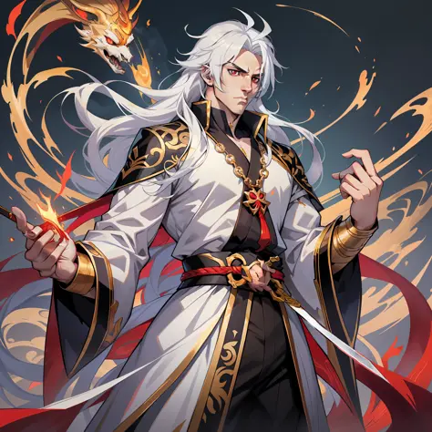 anime man white hair, red eyes, black fireball in hand, digital art, white hair, crimson red eyes, fire around, standing, neutra...