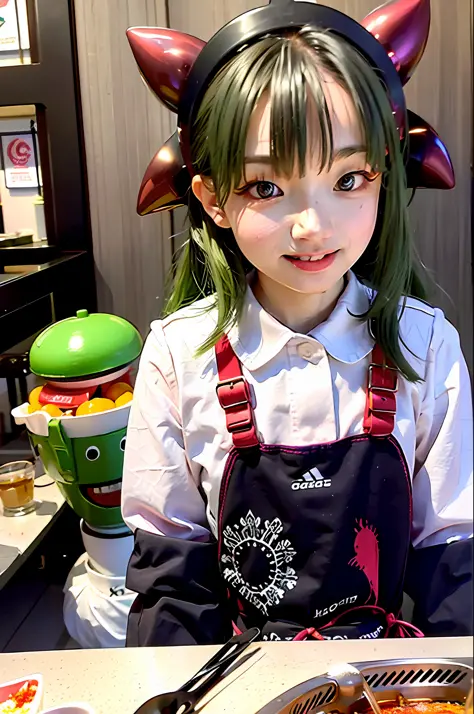 tmasterpiece， Best quality at best， POV， 1girll， length hair， head gear， Green hair， Twin-tailed， aprons， ssmile， desks， food， e...