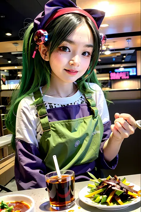tmasterpiece， Best quality at best， POV， 1girll， length hair， head gear， Green hair， Twin-tailed， aprons， ssmile， desks， food， e...