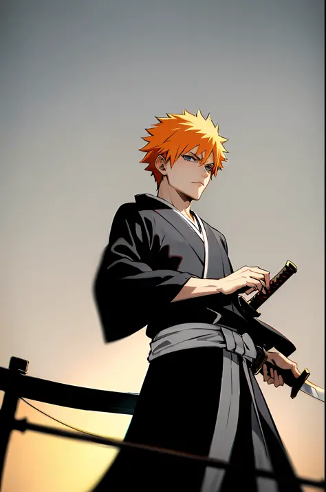 ichigo/Bleach/,short orange hair,black kimono,close up,ultra detailed face,best quality,city background,solo, sword in hand,aranccar look