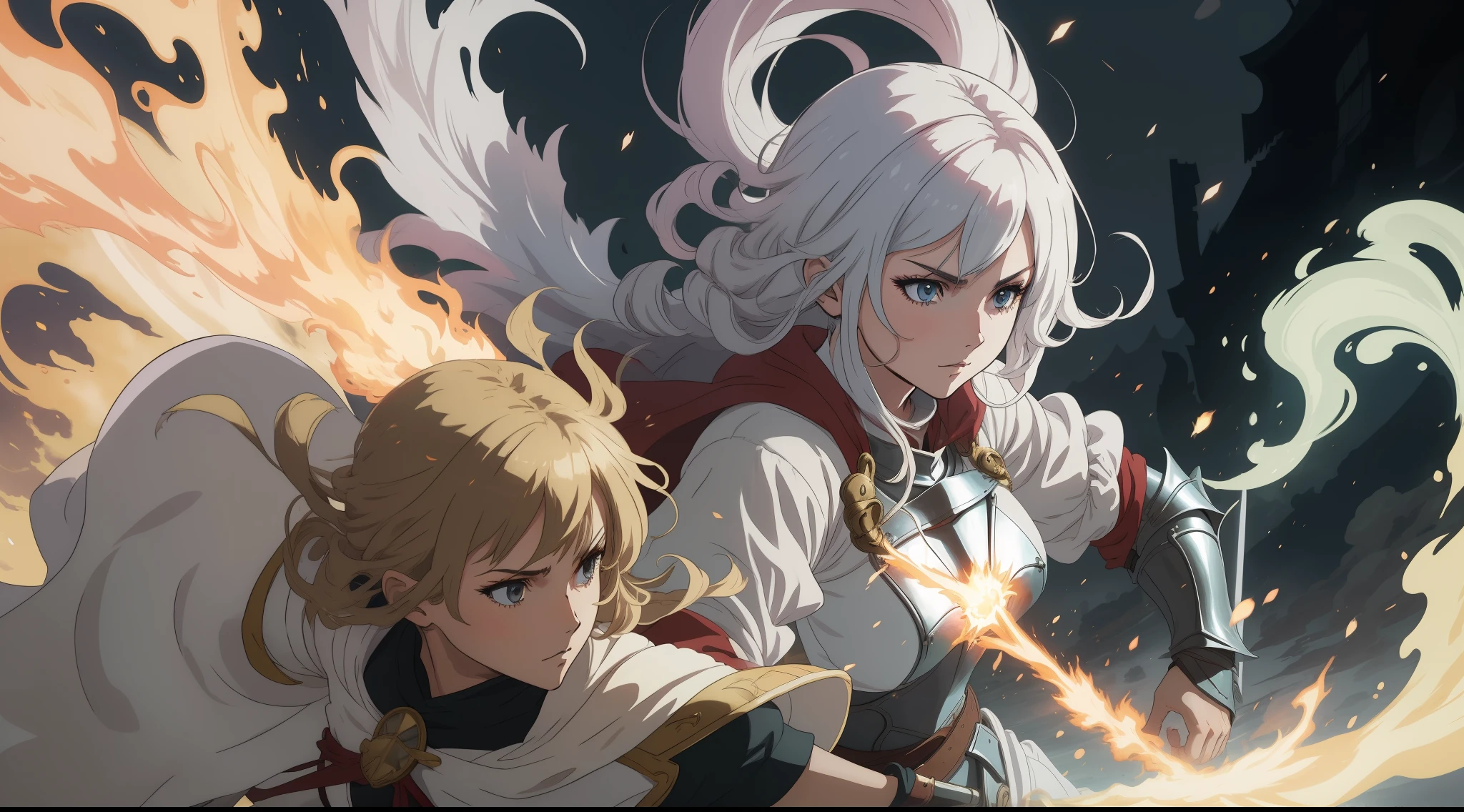 a brave and skillful warrior and his friend a beautiful woman who is a white mage are battling with a powerful and terrible dark knight in a great battle, 2d anime style