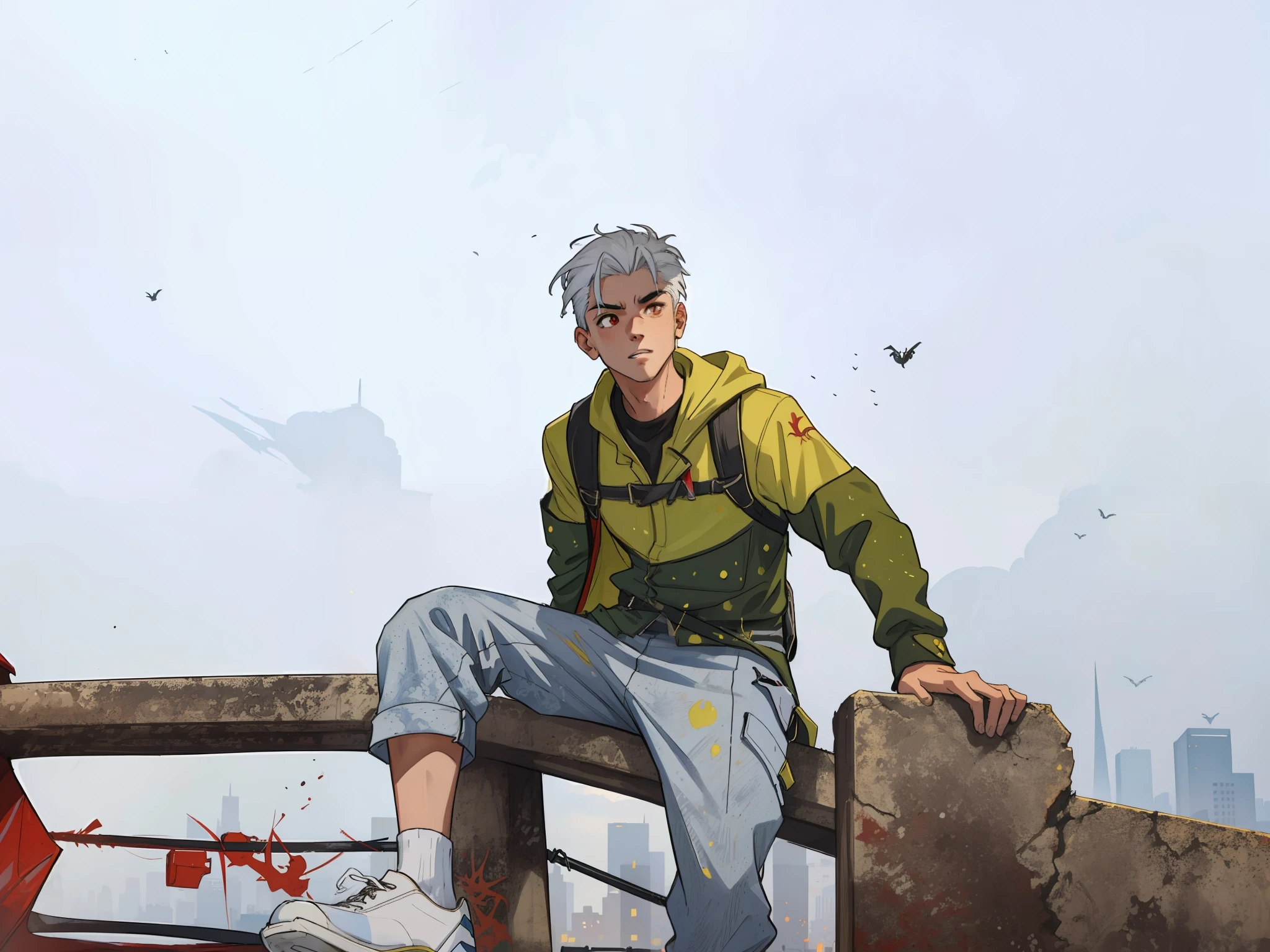 （tmasterpiece，best qualtiy）， intriciate detail， 8k， artstation， the wallpaper， offcial art， splashart， tack sharp focus，
1boys，red eyes，White hair，
 Spider set，Cobweb print，spiderwebs， 
skyscrapper， oras， buildings， The Car， the street，