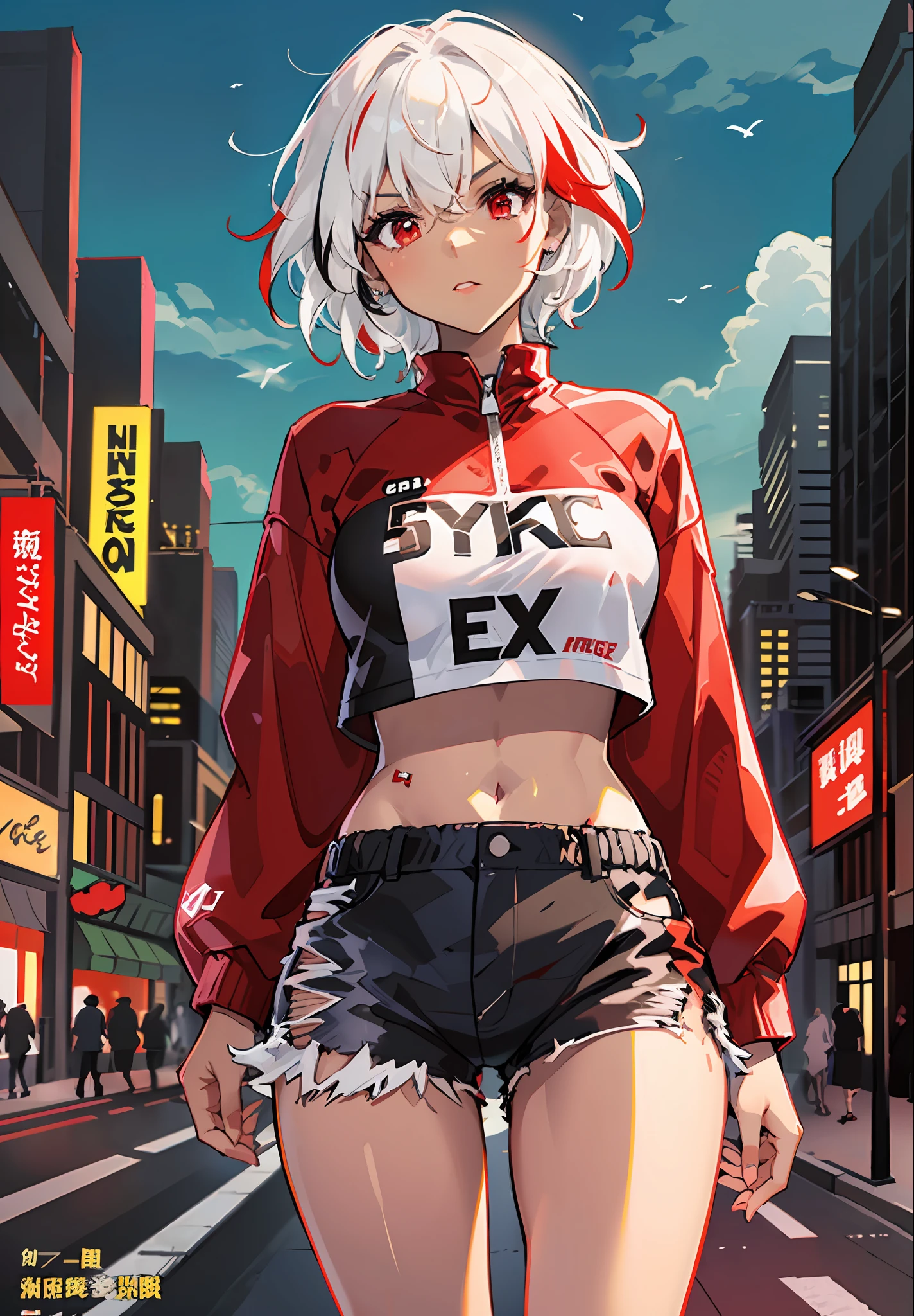 ((epic pose)), ((dynamicpose)), 1girl, ((独奏)), (((black skin))), (((dark skin)))), (((white colored hair|red hair))), ((multicolour hair)), ((Short hair)), (((red eyes))), Red shirt, Shorts, night time, City, neon light, the wind, magazine cover, big text, big title, many inscriptions, lettering