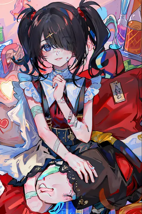 2d, anime art, (masterpiece:1.2), best quality, absurdres,
girl, ame-chan, lying, black skirt, white shirt, red shirt, suspender...