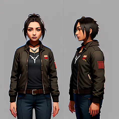 multiple views of the same character in the same outfit, A character turnaround of a woman wearing a black jacket and red shirt,...