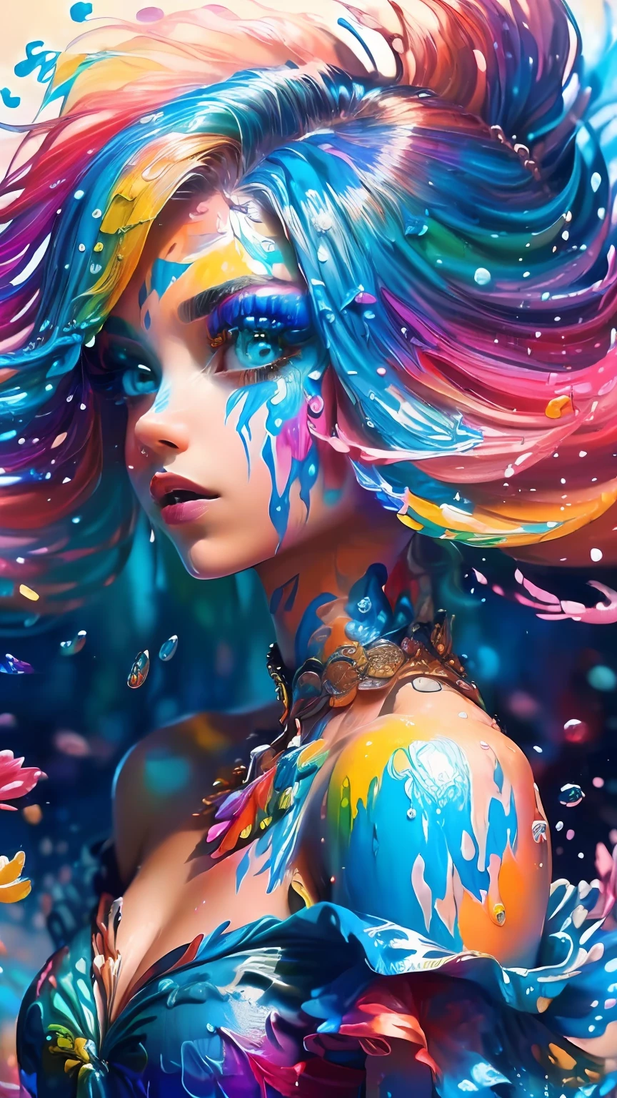 （Pink Fashion T-shirt：1.9），(Colorful hair: 1.8), (all the colours of the rainbow: 1.8),(((((vertical painting：1.6))), （painting：1.6），front, comics, illustrations, paintings, large eyes, crystal clear eyes,（ rainbow color gradient high ponytail：1.7）, exquisite makeup, closed mouth,(Small Fresh: 1.5),(Wipe Chest: 1.6) ，long eyelashes, white off shoulder T-shirt,  White Shoulder Shirt，looking at the audience, large watery eyes, (rainbow colored hair：1.6), color splash, （solo：1.8）, color splash, color explosion, thick paint style, messy lines, ((shining))，(colorful), (colorful), (colorful), colorful, Thick Paint Style, (Splash) (Color Splash), Vertical Painting, Upper Body, Paint Splash, Acrylic Pigment, Gradient, Paint, Highest Image Quality, Highest Quality, Masterpiece, Solo, Depth of Field, Face Paint,  colorful clothes, (Elegant: 1.2), gorgeous,long hair, wind, (Elegant: 1.3), (Petals: 1.4)，(((masterpiece))),(((best quality))),((ultra-detailed)),(illustration),(dynamic angle),((floating)),(paint),((disheveled hair)),(solo),(1girl) , (((detailed anima face))),((beautiful detailed face)),collar,bare shoulders,white hair, ((colorful hair)),((streaked hair)),beautiful detailed eyes,(Gradient color eyes),(((colorful eyes))),(((colorful background))),(((high saturation))),(((surrounded by colorful splashes))),