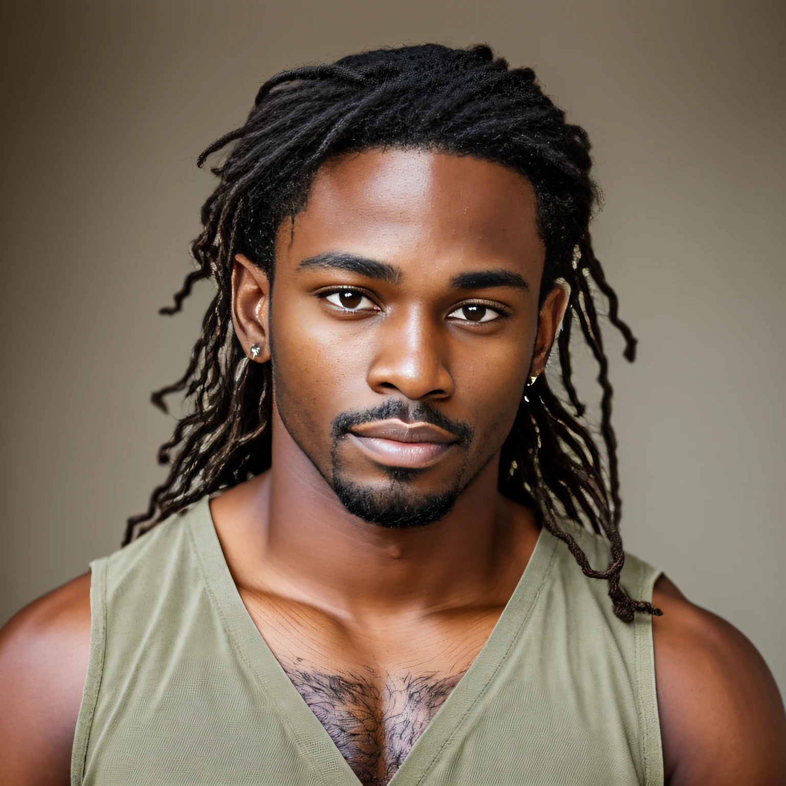 young dark skin man with locs, short sleeve shirt