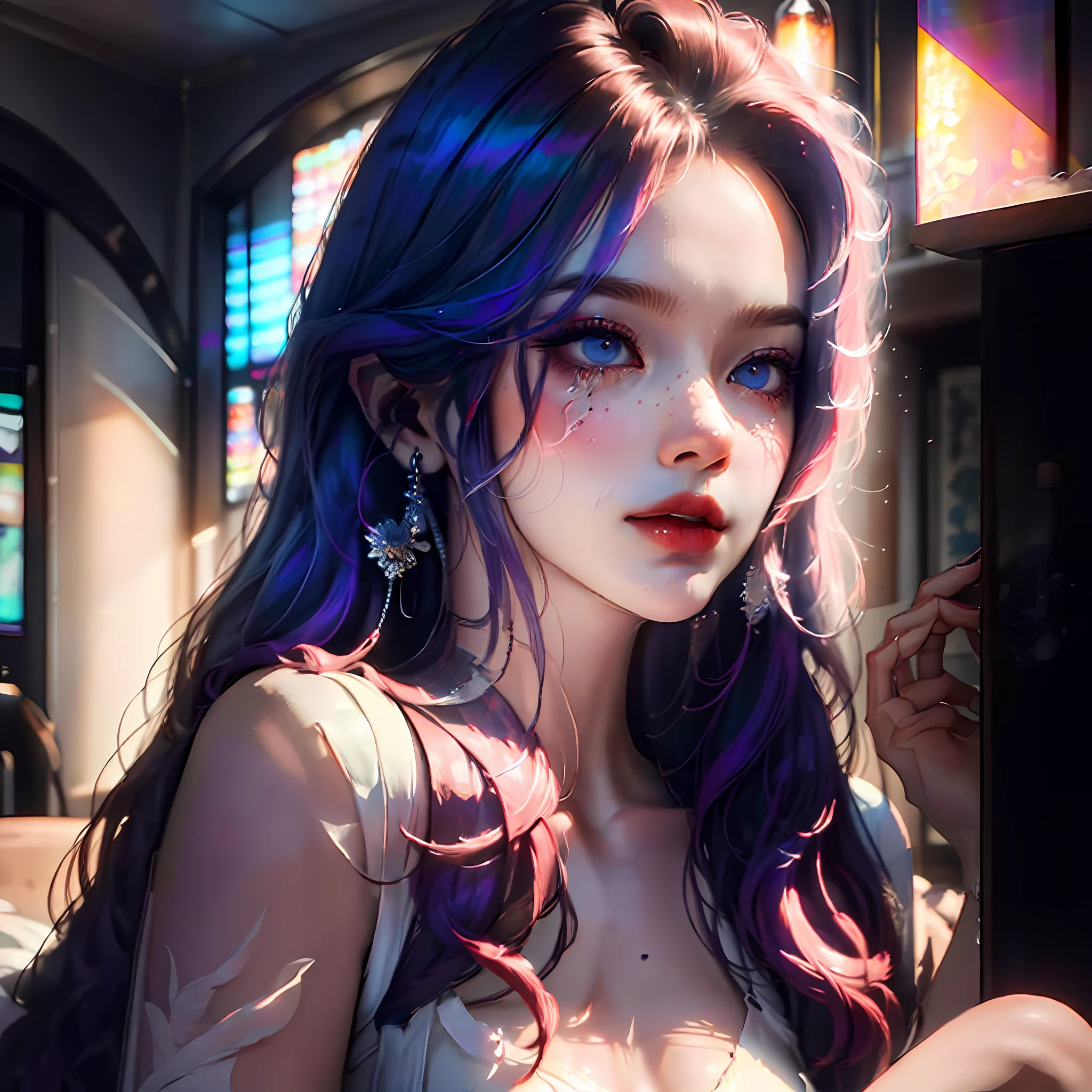 Anime girl with blue hair and purple eyes in a cafe - SeaArt AI