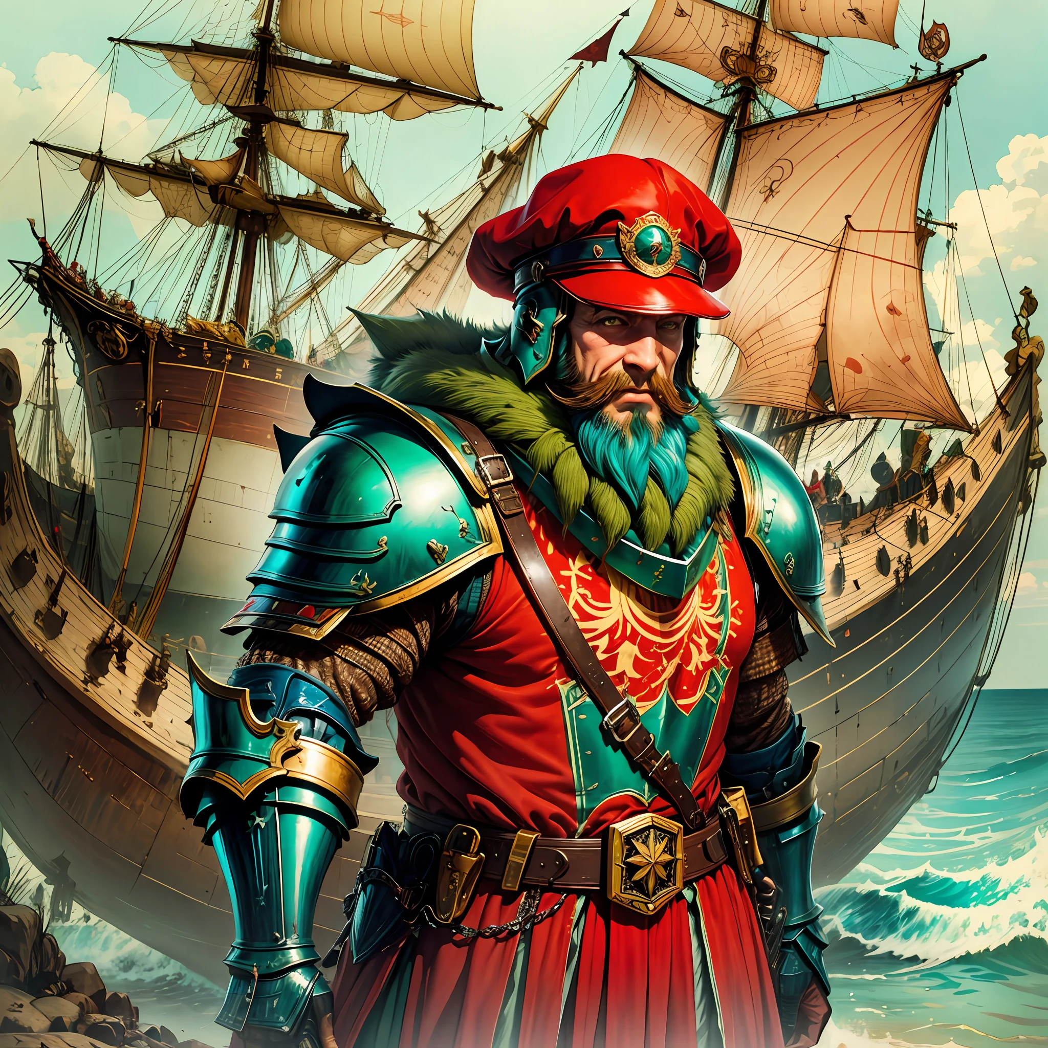 roter Hut, grüne Rüstung, Bart, großes Messer steht am Bug des Schiffes, sonniger, fröhlicher großer Junge, General