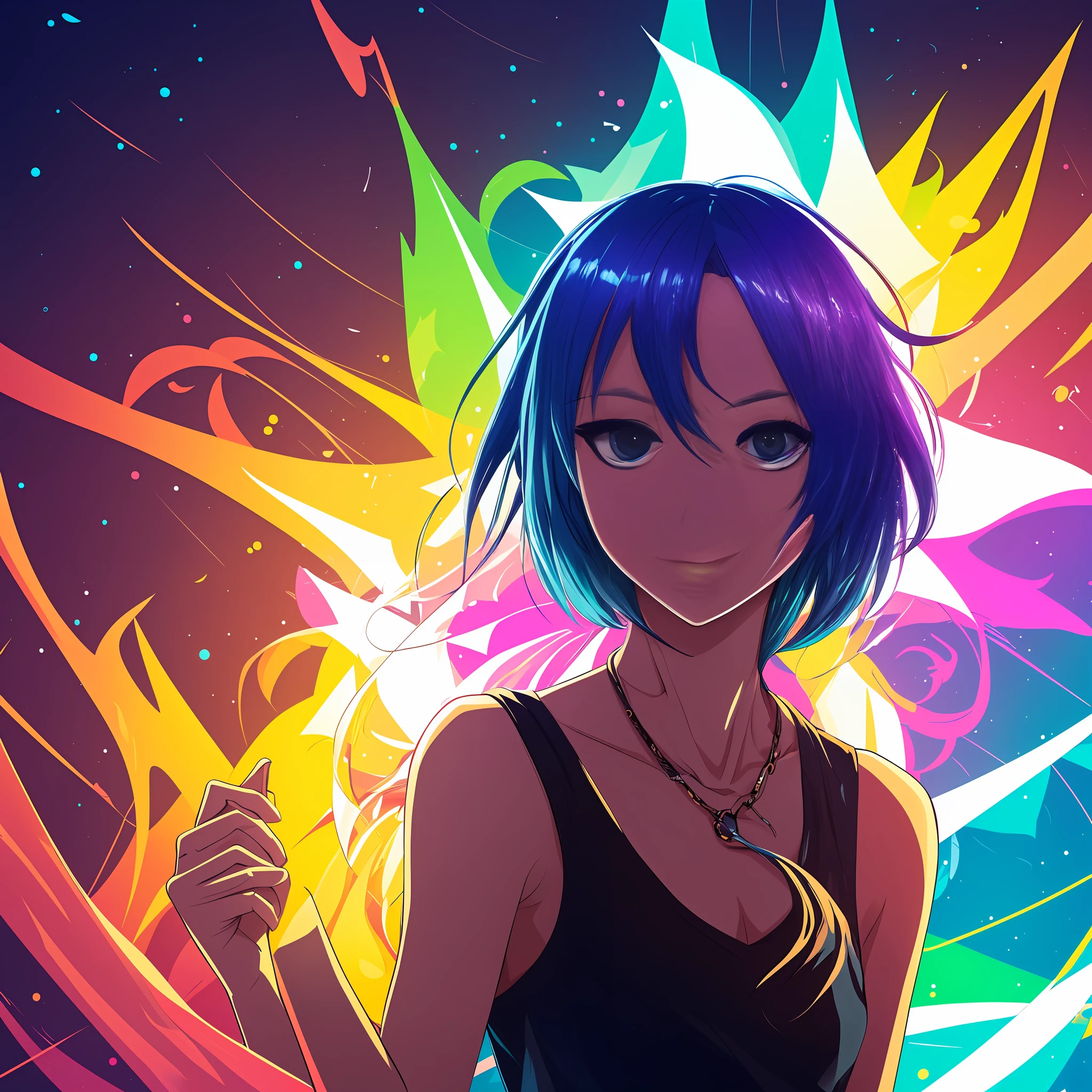 Kurzhaar-Mädchen-Avatar，Neons，Zufälliger Hintergrund，die Nacht，Textumbruch，Poster-Stil，4k HD，Oberlicht，Brillante Farben，Meisterstück，Farbige Lichtflecken fallen auf das Haar，Blick nach rechts，unbefleckt，Eimerrückenschwert --auto