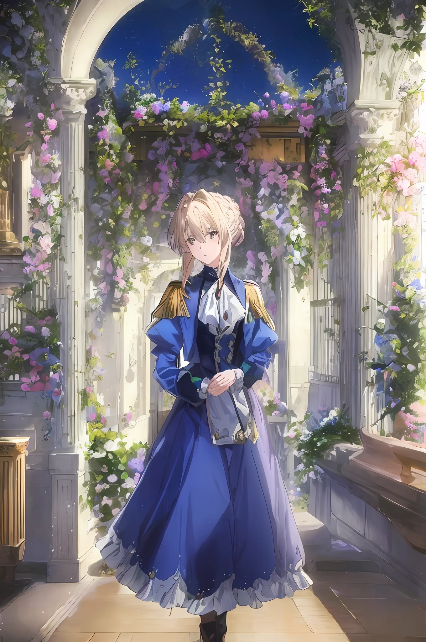 garota de anime com vestido azul em frente a uma porta, jardim violeta, artoria pendragon, Kushatt Krenz Key Art Feminino, Anime visualmente elegante, Estilo Li Qishi, Lori usa uma saia, destino Grande Ordem, princesa loira, arte oficial altamente detalhada, estilo de anime fatídico, Redesenho à mão。