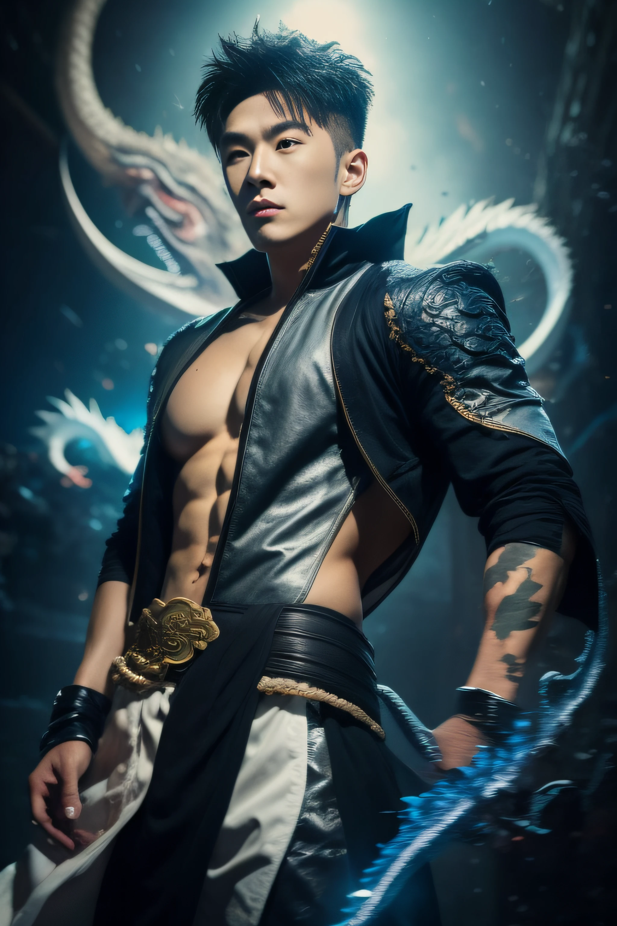 Handsome guy, 25 years old, Asian, master work, best picture quality, higher quality, high detail, super high resolution, (realistic: 1.4) 8k resolution, delicate facial features, boys, big muscles, tattoos, glowing eyes, short hair, black hair, hair details, (full body: 0.6), detailed background , [[Look away, look to the side, emphasize homosexuality and pay attention to every detail , open Hanfu transparent tulle jacket, pubic hair, white rubber pants, circling dragon, Chinese courtyard background (crotch bulge), thunder, ((((Blue Thunder))))) Blue Thunderbolt, Fa Gong, Wind and Thunder Technique, Chinese Kung Fu, Fingerless Gloves, Wristband, Dragon Theme Costume, Monk Robe, Rotating Floating Particles, Dynamic Composition, Heavy Rain Background, Very Many Thunder and Lightning Flashing, Black Background at Night