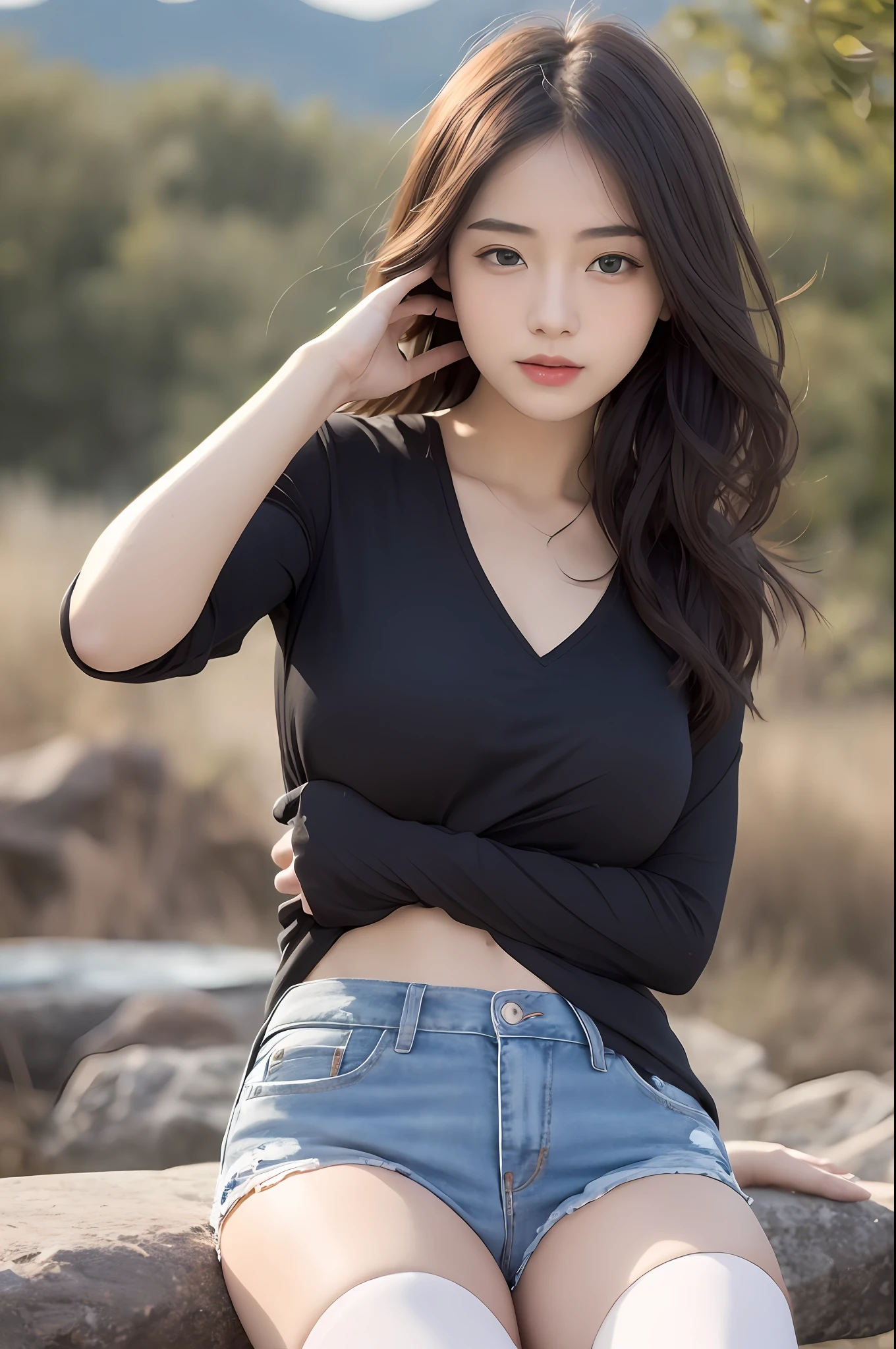 （（realistic raytraicing，best qualtiy，8K，tmasterpiece：1.3）），1girll，Little moles under the eyes，ssmile，，Pretty woman with slender figure：1.4，Abs：1.1，Korea，paleskin，（Floating wavy silk blue hair，Breezy hair，Big_Breasts：1），White color blouse：1.2，Long sleeved，（The skin：1.3），standingn，Mountain night， campfire light， Super delicate face， finely-detailed eyes， 二重まぶた， shiny skins， cowboy lens，（Wear denim super shorts，Wear long black stockings：1.2）