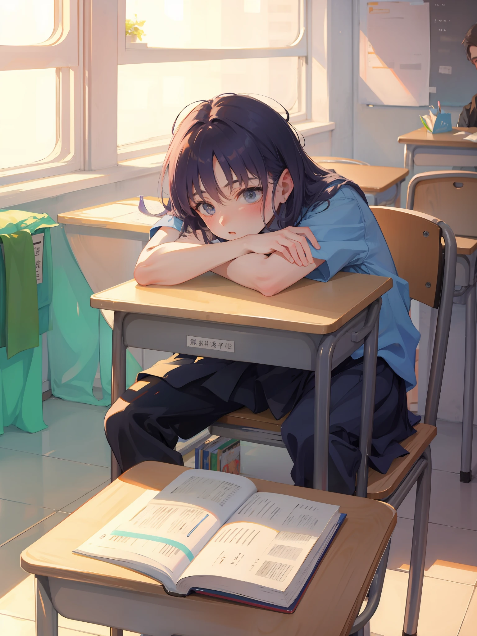 sideface， Handsome boys，in school uniform，length hair，high and cold，Xueba，In the classroom，Do the question，There was a pile of books on the table，The surrounding classmates are also learning