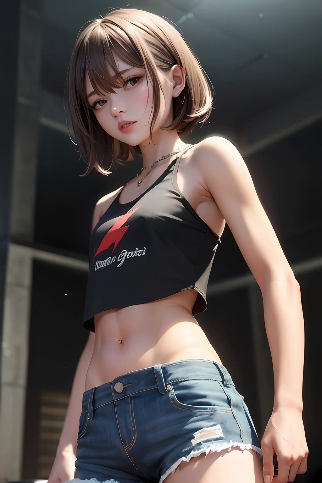 A close up of a woman in a black top and shorts - SeaArt AI