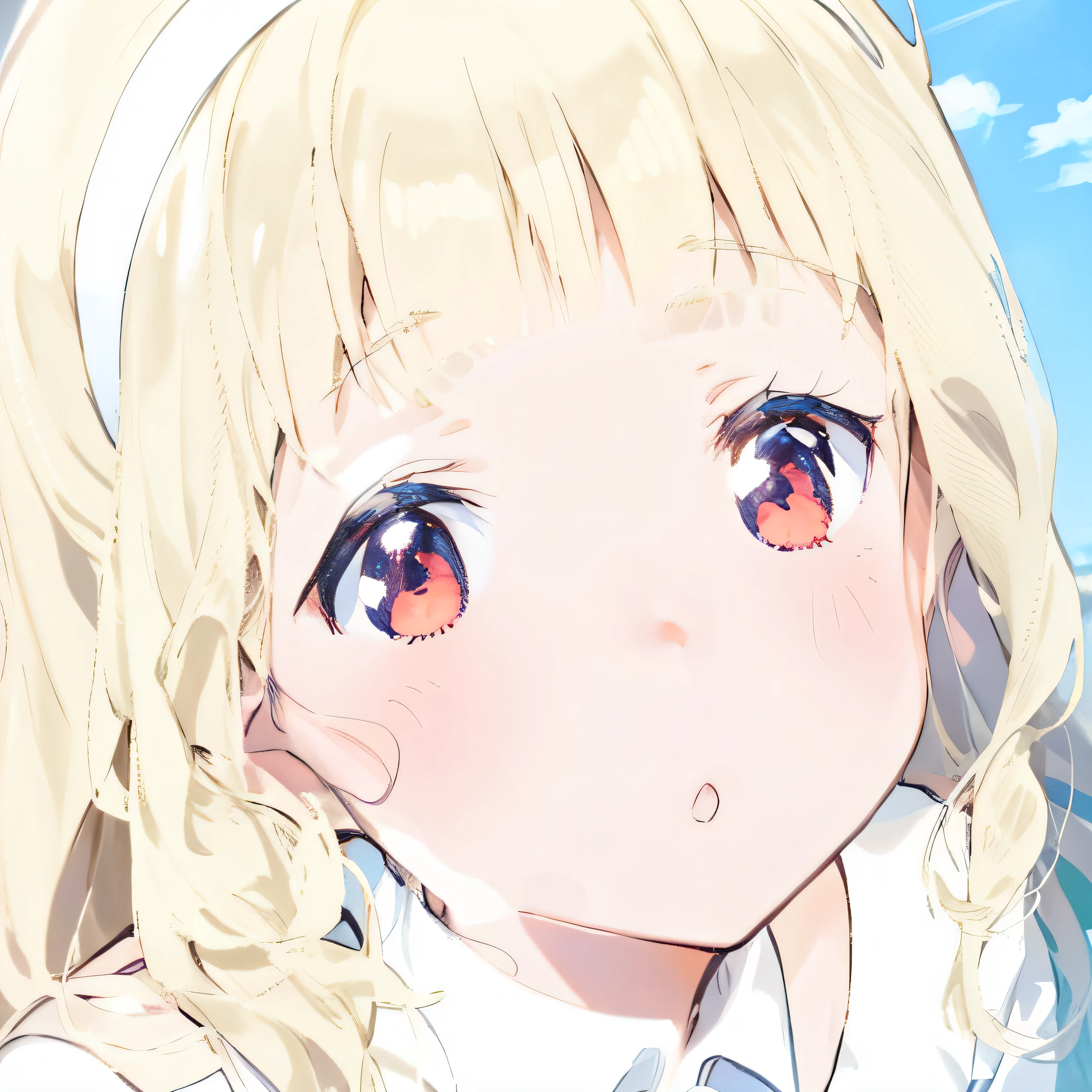 anime girl with blonde hair and red eyes staring at something, anime visual of a cute girl, anime best girl, shirabii, cute natural anime face, anime girl named lucy, anime visual of a young woman, small curvaceous loli, shikamimi, up of young anime girl, close up of a young anime girl, in the anime film