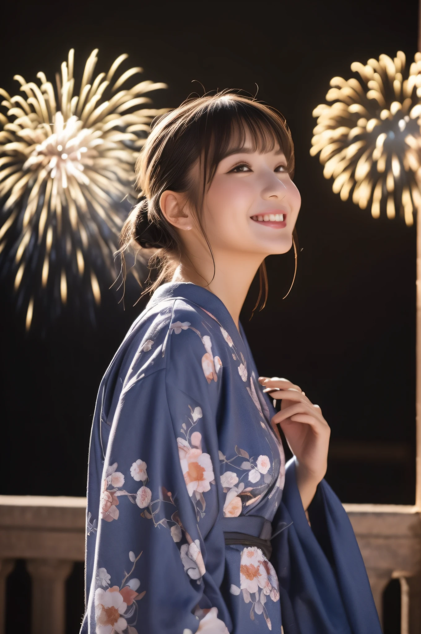 ((beste-Qualit))、((The ultra -The high-definition))、finely detail、(((Beautiful One Girl)))、extremely detailed eye and face、skyrocket、Yukata with a light floral pattern、Looking up at the fireworks、Shine in the eyes、Upbeat cheeks、A slight smile、poneyTail