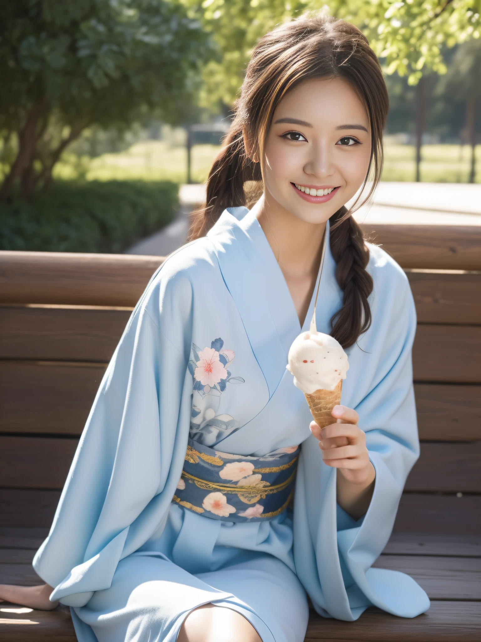 ((beste-Qualit))、((The ultra -The high-definition))finely detail、(((Beautiful One Girl)))、extremely detailed eye and face、Yukata with a light floral pattern、A slight smile、a park、poneyTail、sit on a bench、(((Ice cream)))