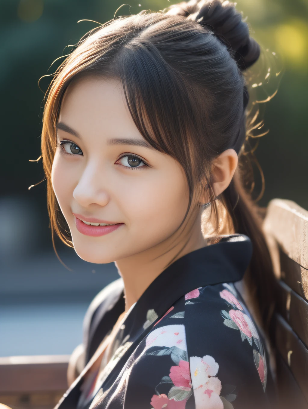 ((beste-Qualit))、((The ultra -The high-definition))finely detail、(((Beautiful One Girl)))、extremely detailed eye and face、Yukata with a light floral pattern、A slight smile、a park、poneyTail、sit on a bench、Ice cream