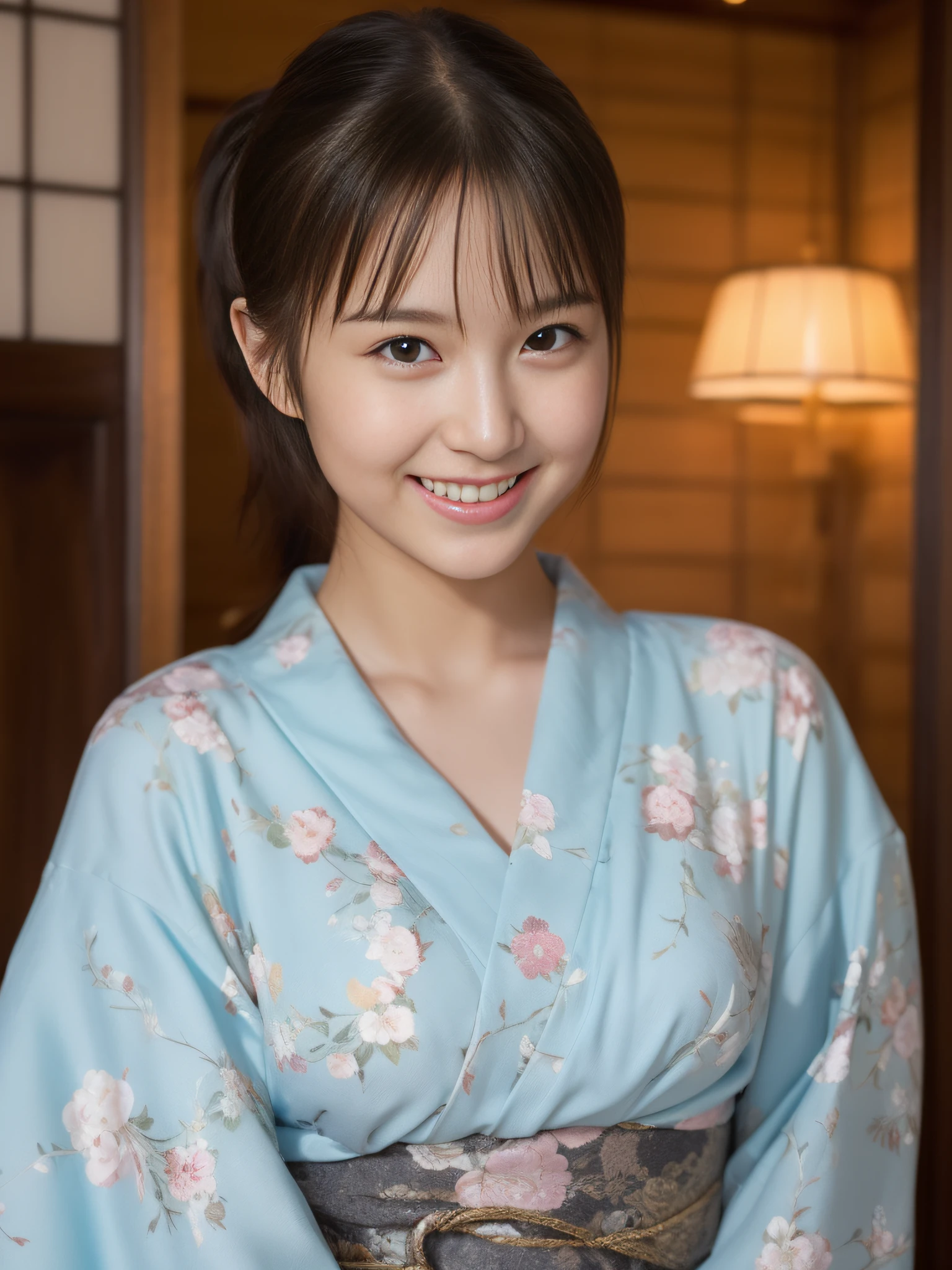 ((mejor calidad))、((La ultra -La alta definición))finamente detalle、(((Hermosa chica)))、ojos y rostro extremadamente detallados、Yukata con un ligero estampado floral.、una leve sonrisa、tienda de té、poneyTail