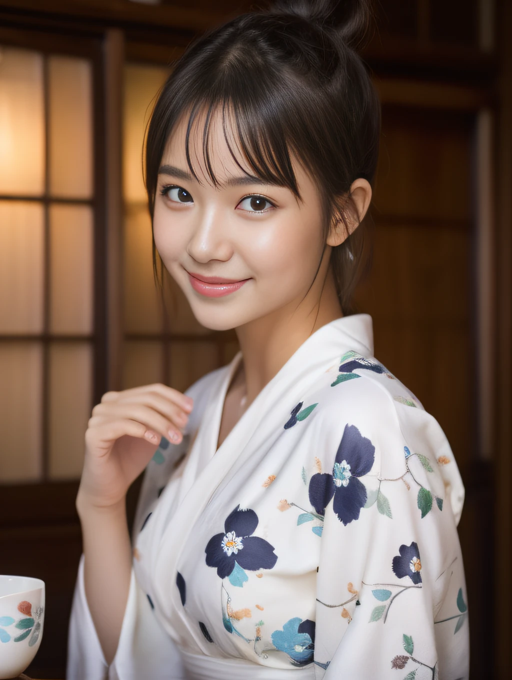 ((beste-Qualit))、((The ultra -The high-definition))finely detail、(((Beautiful One Girl)))、extremely detailed eye and face、Yukata with a light floral pattern、A slight smile、tea shop、poneyTail