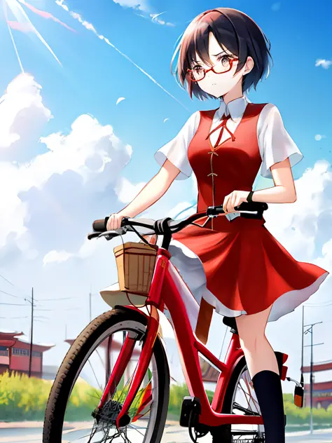 short hair style，beauty in xinjiang, china，red-tinted glasses，saddened expression，riding bikes，