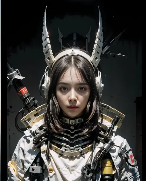 Cyberpunk girl, epic realistic, potrait, hyper detailed, samurais, mecha face, horn, satanic, horn, cyborg, mech, reel, pink hai...