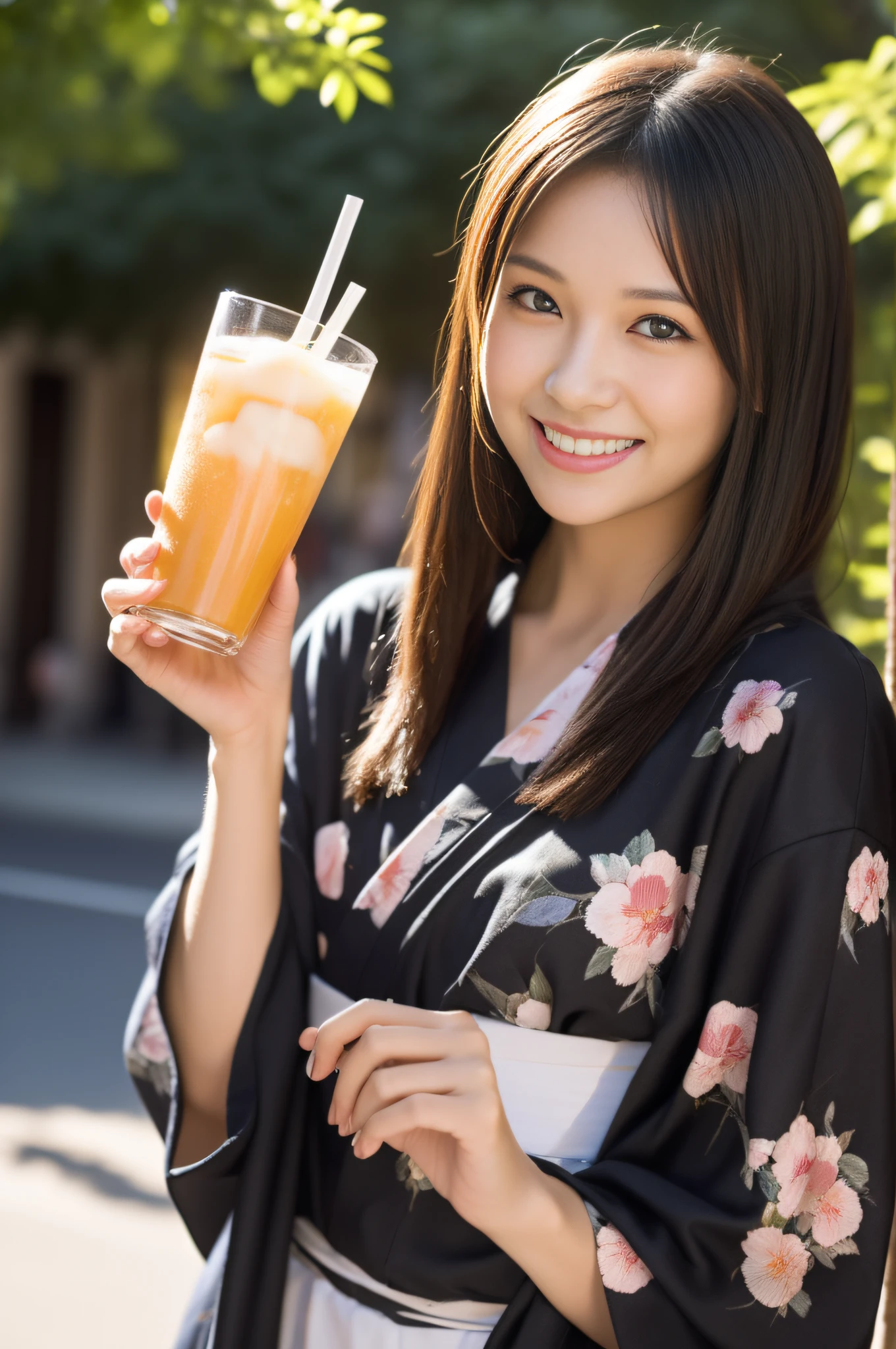 ((beste-Qualit))、((The ultra -The high-definition))finely detail、(((Beautiful One Girl)))、very detailed eyes and faces、Yukata with a light floral pattern、In the street、Drink juice、A slight smile、a park