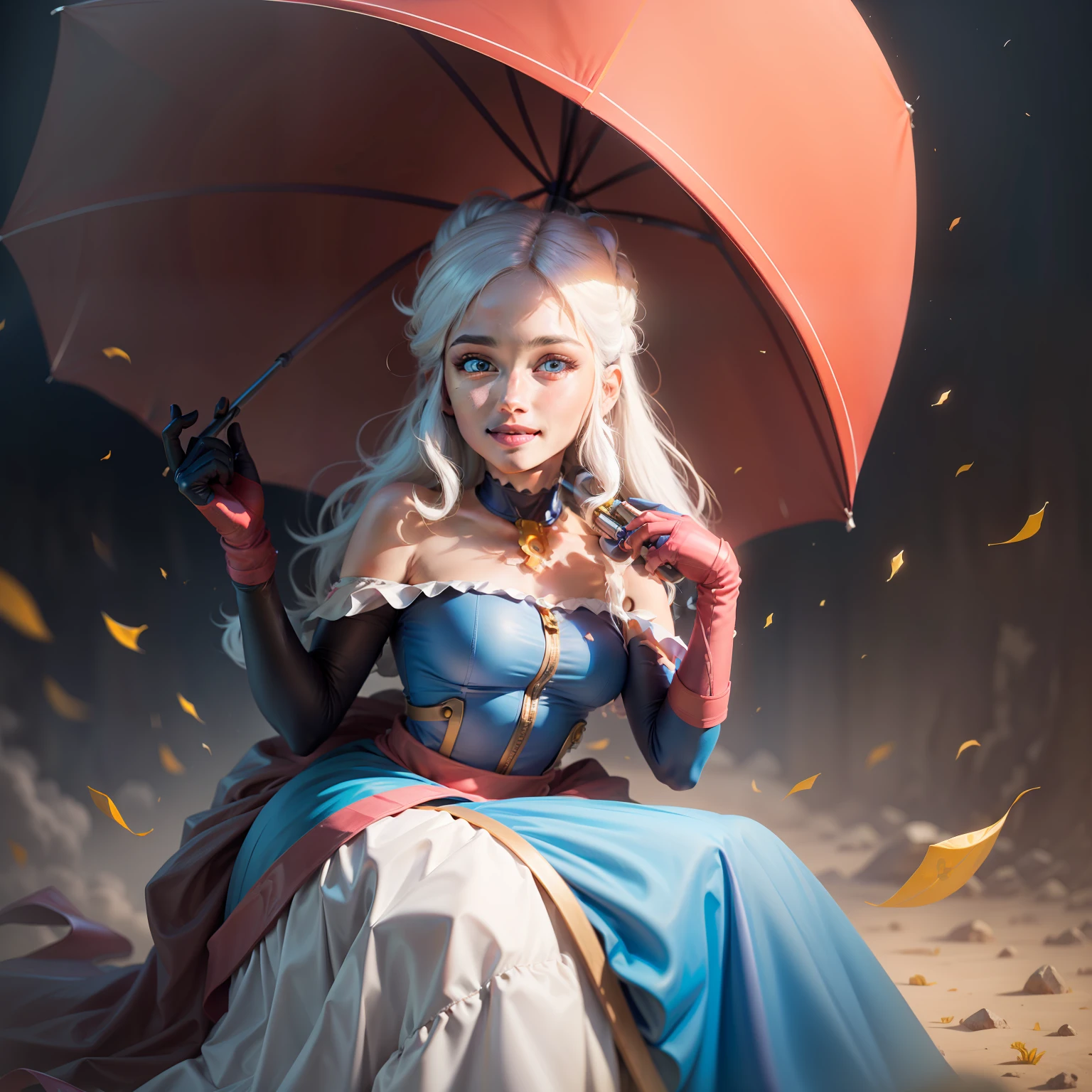 (masterpiece, best quality:1.2), cowboy shot, solo, 1girl, piper, smile, looking at viewer, holding umbrella, long  white hair, cloth translucent by the neck, blue eyes, yellow off-shoulder dress, sleeveless, red thigh strap, black elbow gloves, fingerless gloves