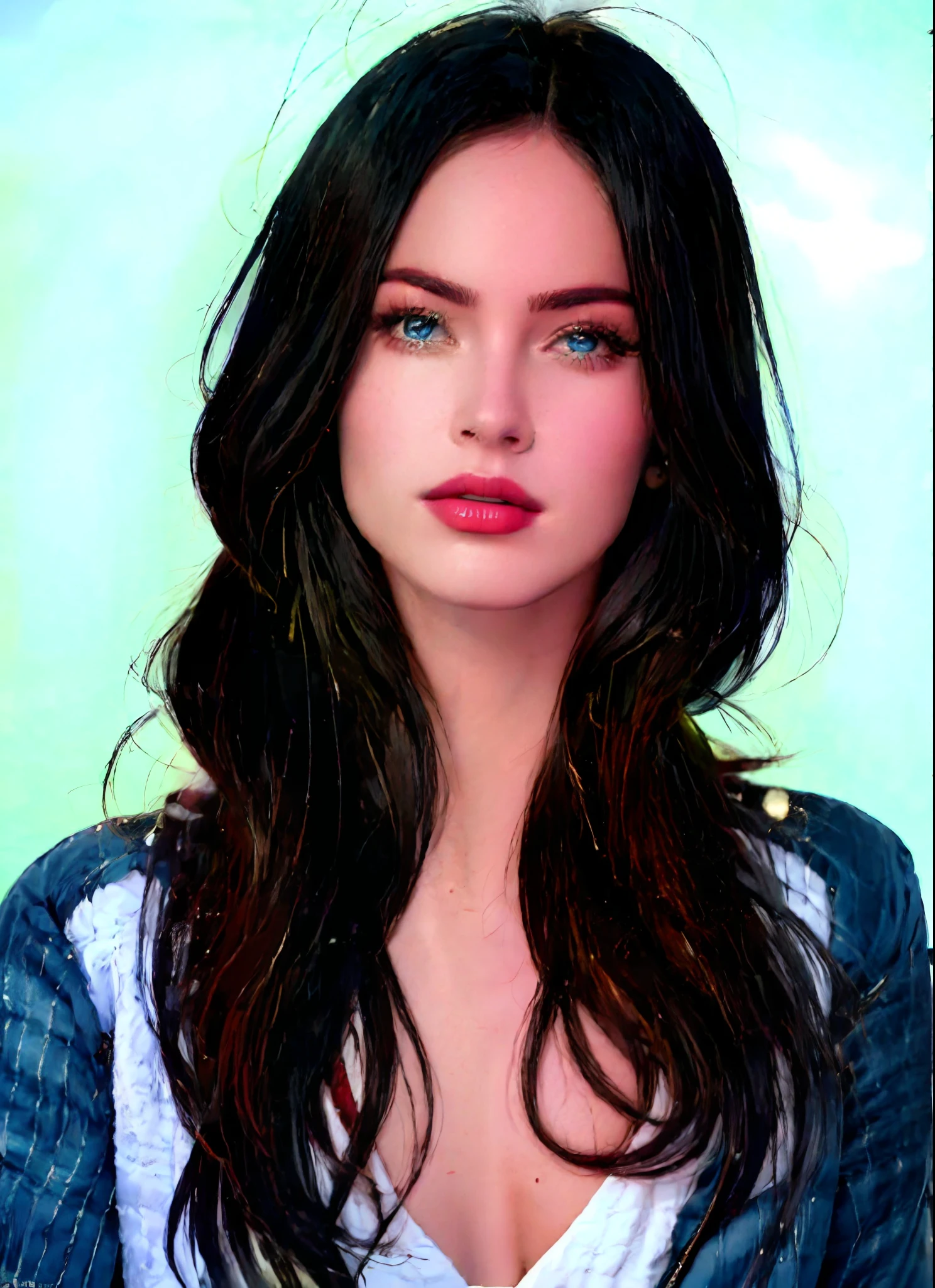 best quality, high quality, masterpiece,Megan, 1girl, solo, long hair, blue eyes,  looking at viewer, black hair, mole, upper body,breasts, jacket, lips, makeup, realistic