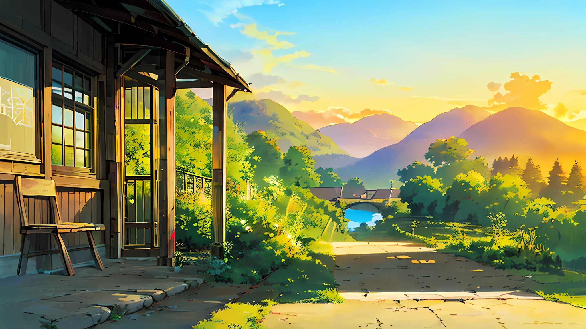 (((best quality))), high saturation, clear, rational construction, cartoon style, architecture, bridge, construction, castle, chimney, cloud, cloudy_sky, day, fantasy, gate, grass, house, mountain, no_humans, outdoor, river, landscape, sky, sunset, tree, window, anime countryside, anime background art, anime scenery, soft concept art studio ghibli, beautiful anime setting,  Anime Set Concept Art, Studio Ghibli Concept Art, Ghibli Studio Environment, Anime Landscape, Beautiful Anime Scene, Glibly Makoto Shinkai Studio, Ghibli Studio Landscape, Cottagecore!!