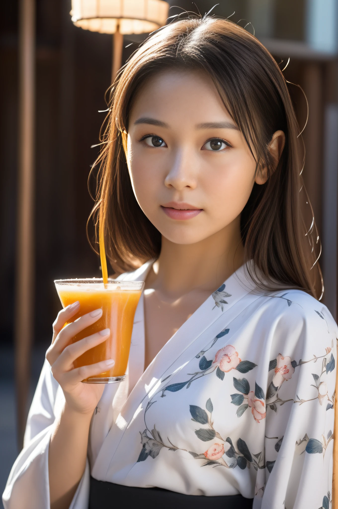 ((beste-Qualit))、((The ultra -The high-definition))finely detail、(((Beautiful One Girl)))、very detailed eyes and faces、Yukata with a light floral pattern、In the street、Drink juice