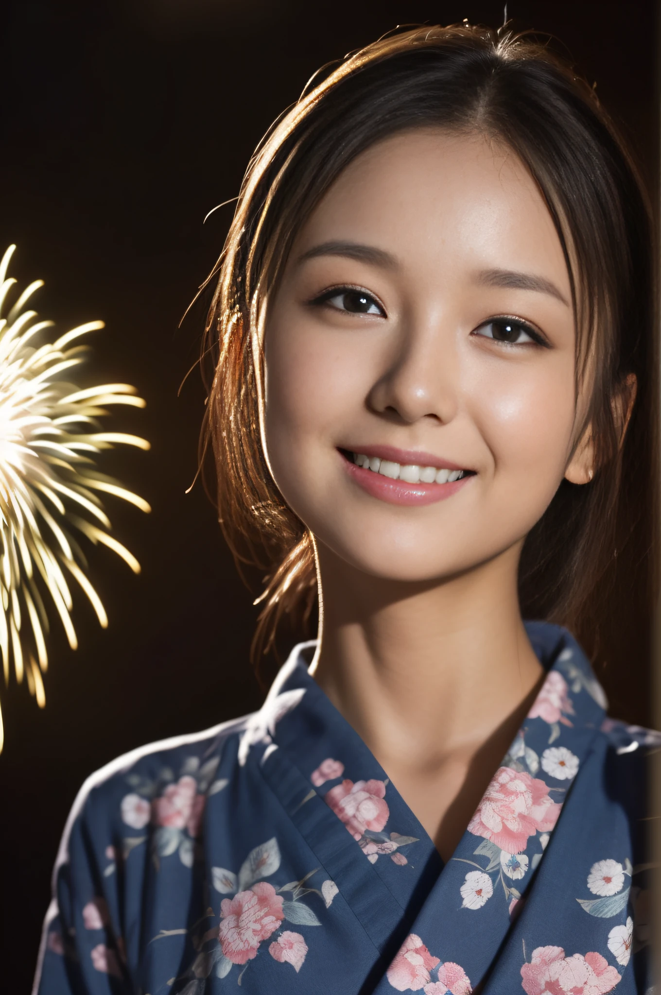 ((beste-Qualit))、((The ultra -The high-definition))、finely detail、(((Beautiful One Girl)))、very detailed eyes and faces、skyrocket、Yukata with a light floral pattern、Looking up at the fireworks、Shine in the eyes、A slight smile