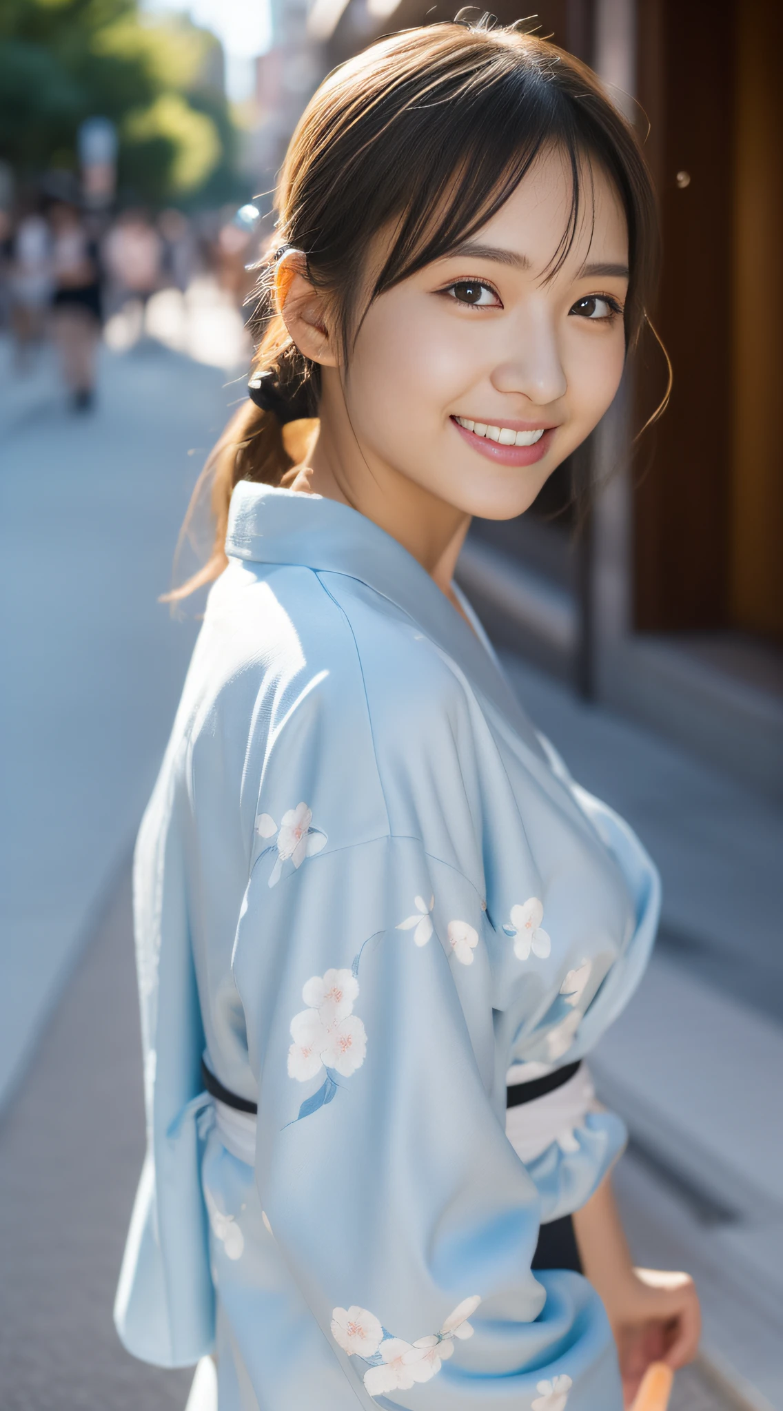 ((beste-Qualit))、((The ultra -The high-definition))finely detail、(((Beautiful One Girl)))、very detailed eyes and faces、Yukata with a light floral pattern、In the street、poneyTail、A slight smile
