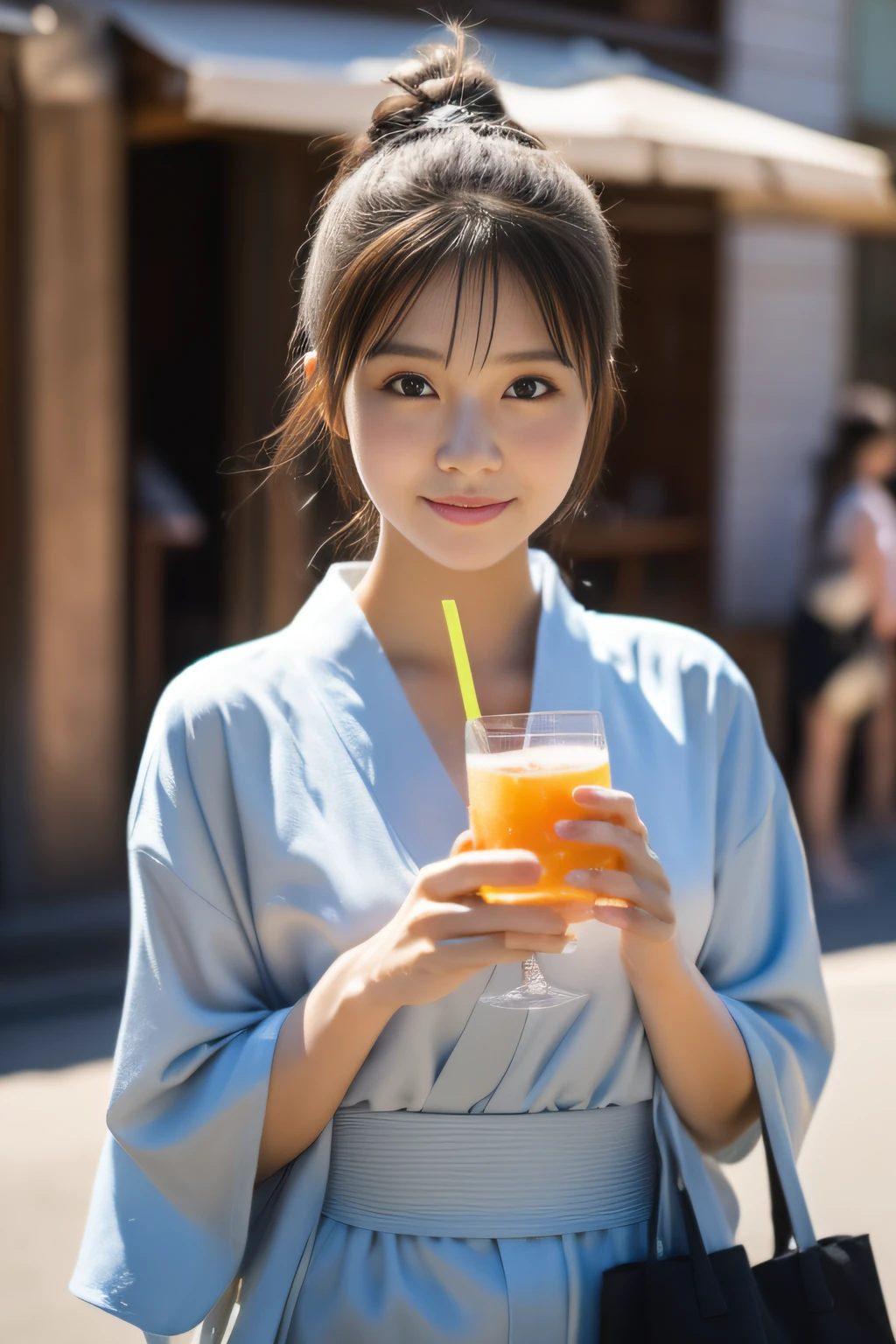 ((beste-Qualit))、((The ultra -The high-definition))finely detail、(((Beautiful One Girl)))、very detailed eyes and faces、Light-colored yukata、In the street、poneyTail、Drink juice
