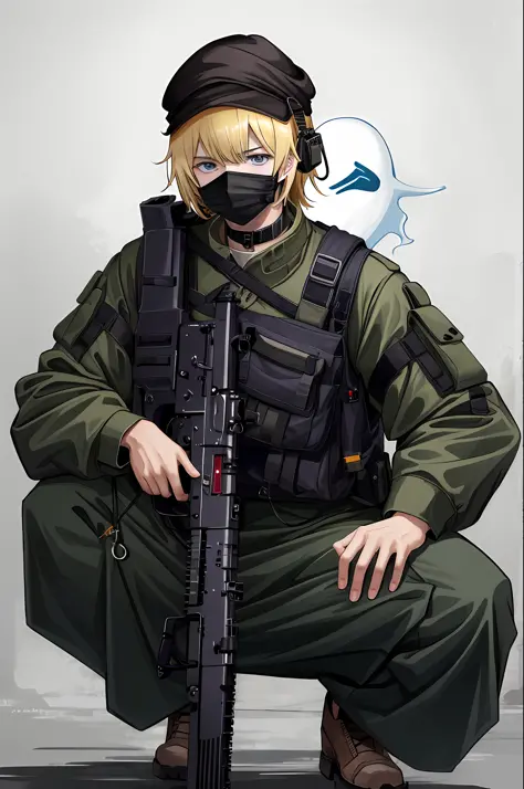 A high resolution，1male people，Military clothing，Ghost mask，masked，Red goggles，Armed with a sniper rifle，squatting pose，