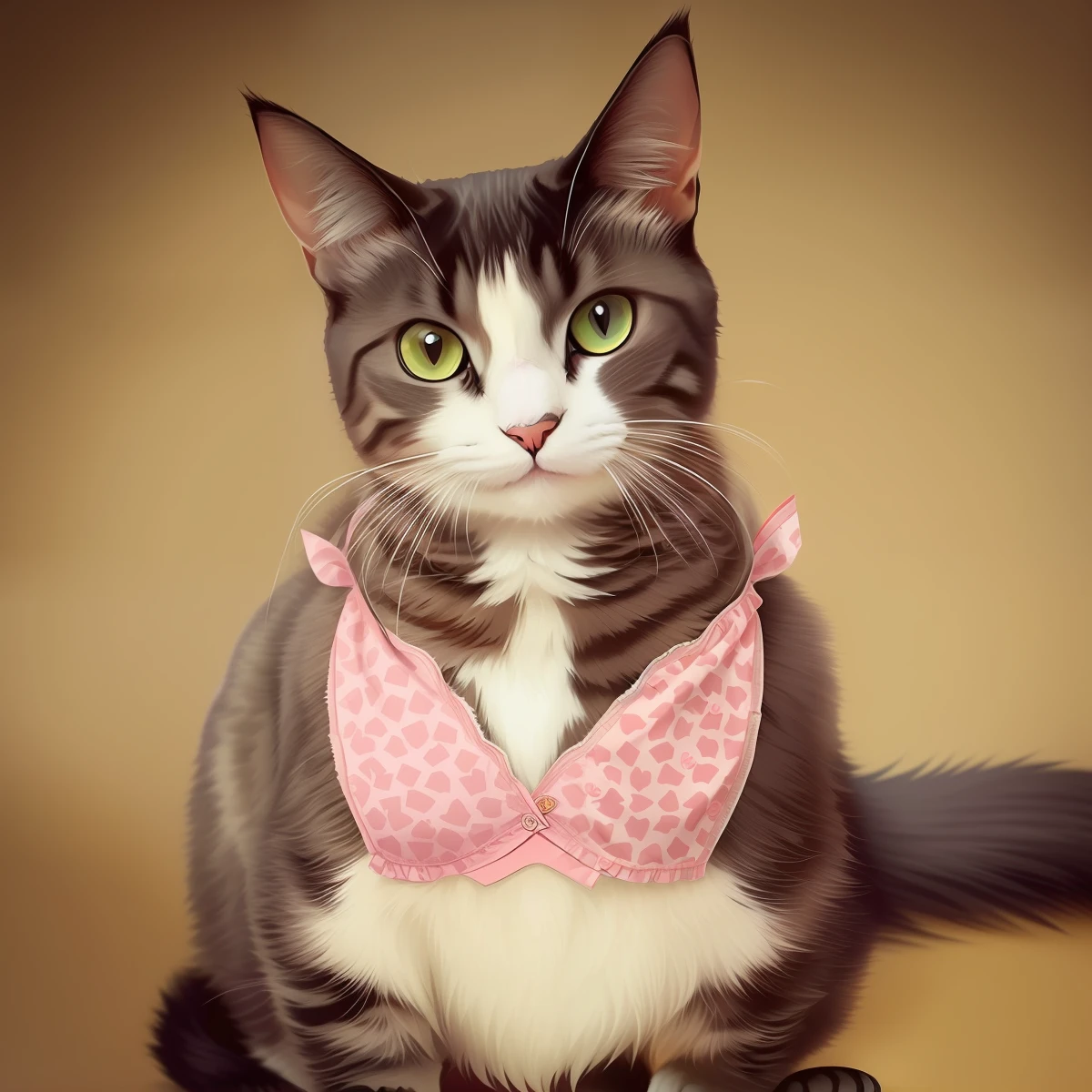 there is a cat that is wearing a pink and white bra, would you let