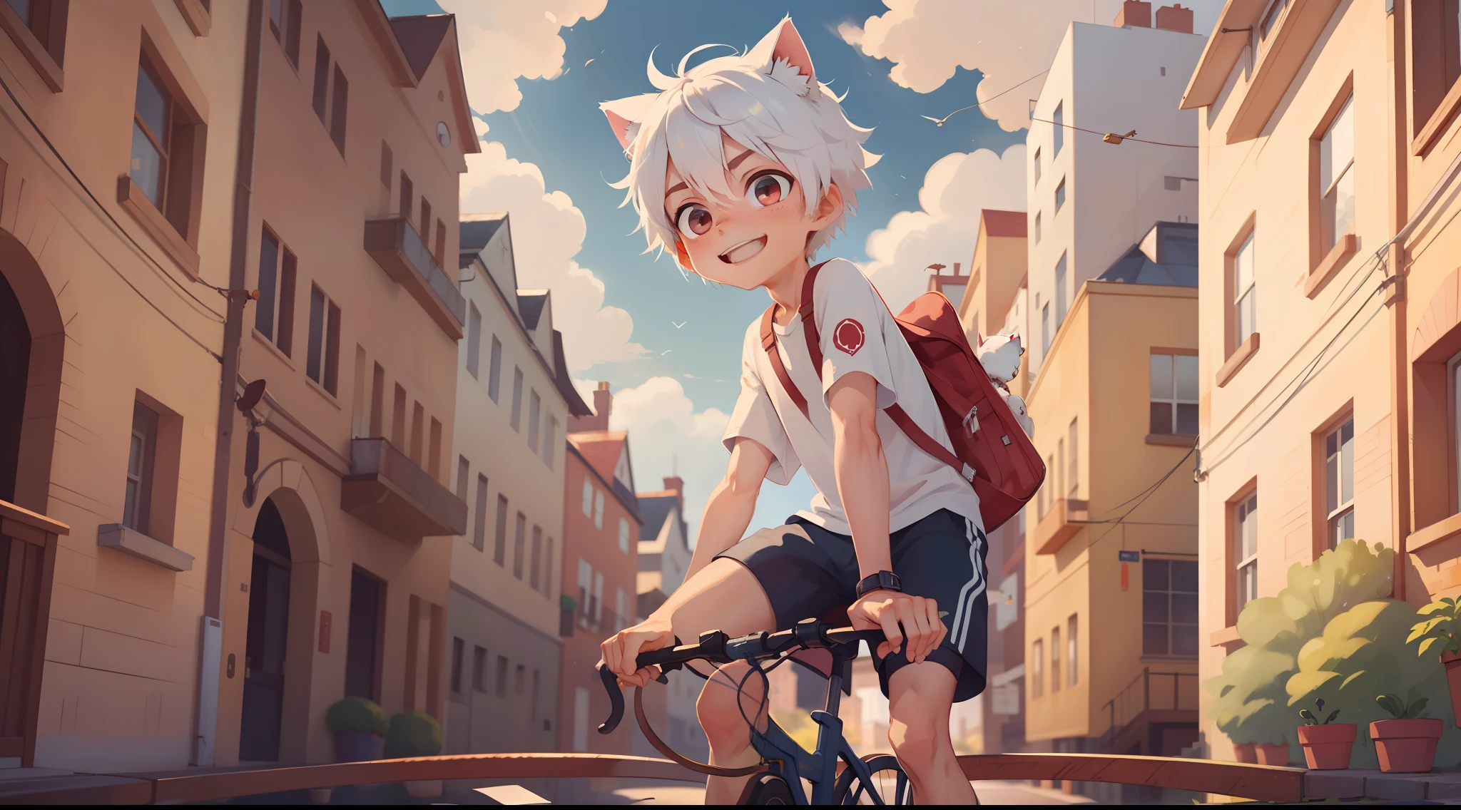 ((masterpiece)),(((best quality))), (high-quality, breathtaking), (expressive eyes, perfect face), 1boy, solo, male, short, young, small boy, white hair, red eyes, smiling, buildings, mailman, wear short shorts, bicycle, cat ears and tail