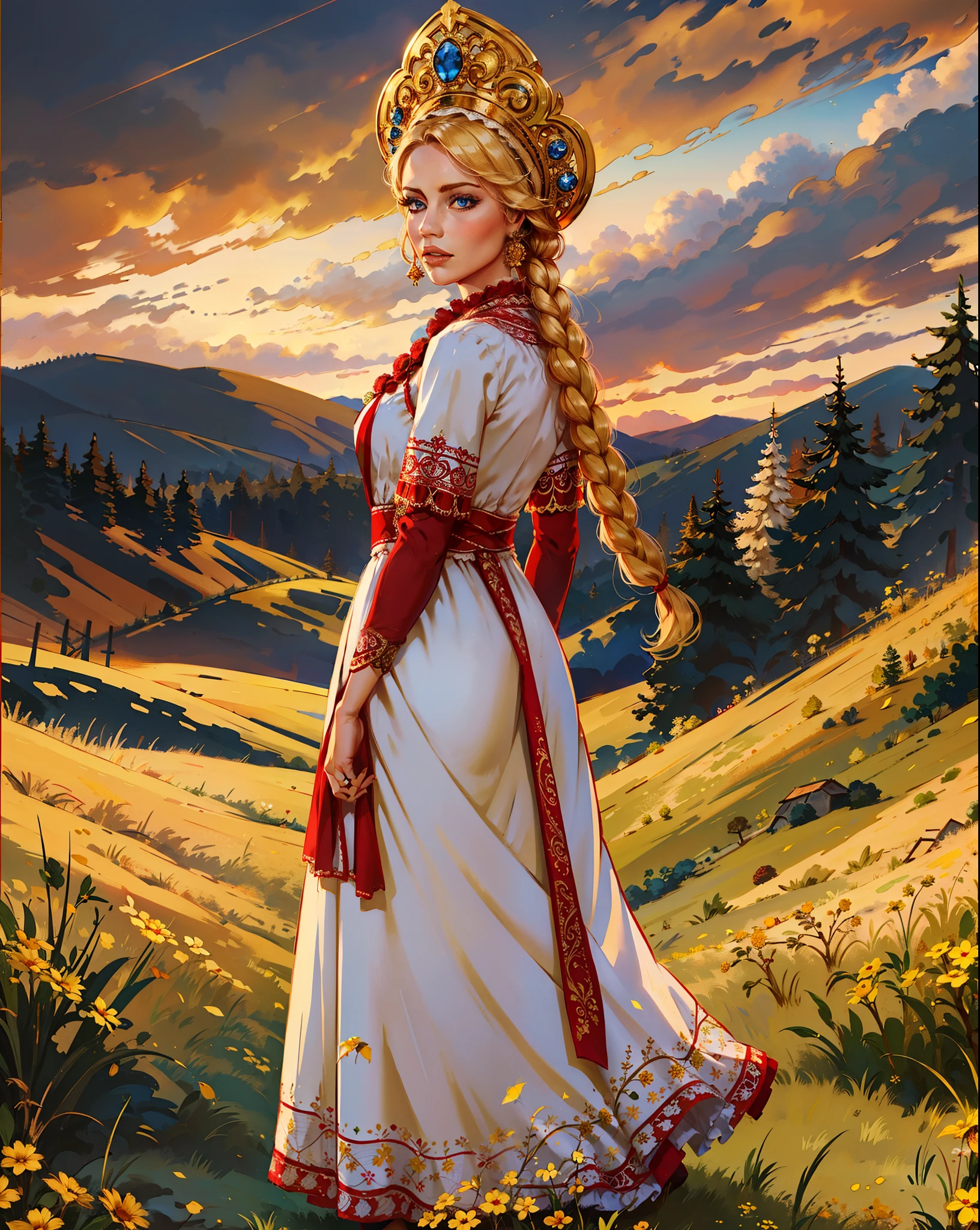 1人の女の子, 華やかな赤いフリルが付いた白いドレスを着た美しい金髪の女性の全身, 腕を背中の後ろに置く, 青い目, 編み込み, ココシュニックの帽子, 黄色のフィールド, 暗く深い青空, 夕方