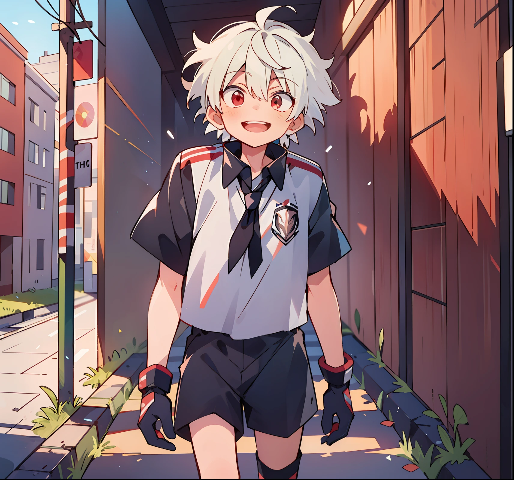 (high high quality, Breathtaking),(Expressive eyes, Perfect face), 1boys, Solo, short, Young boy, Short white hair, Red eyes, Smiling, Black , wear short shorts, urban surroundings, cyber outfit, Short shorts, Virtual world