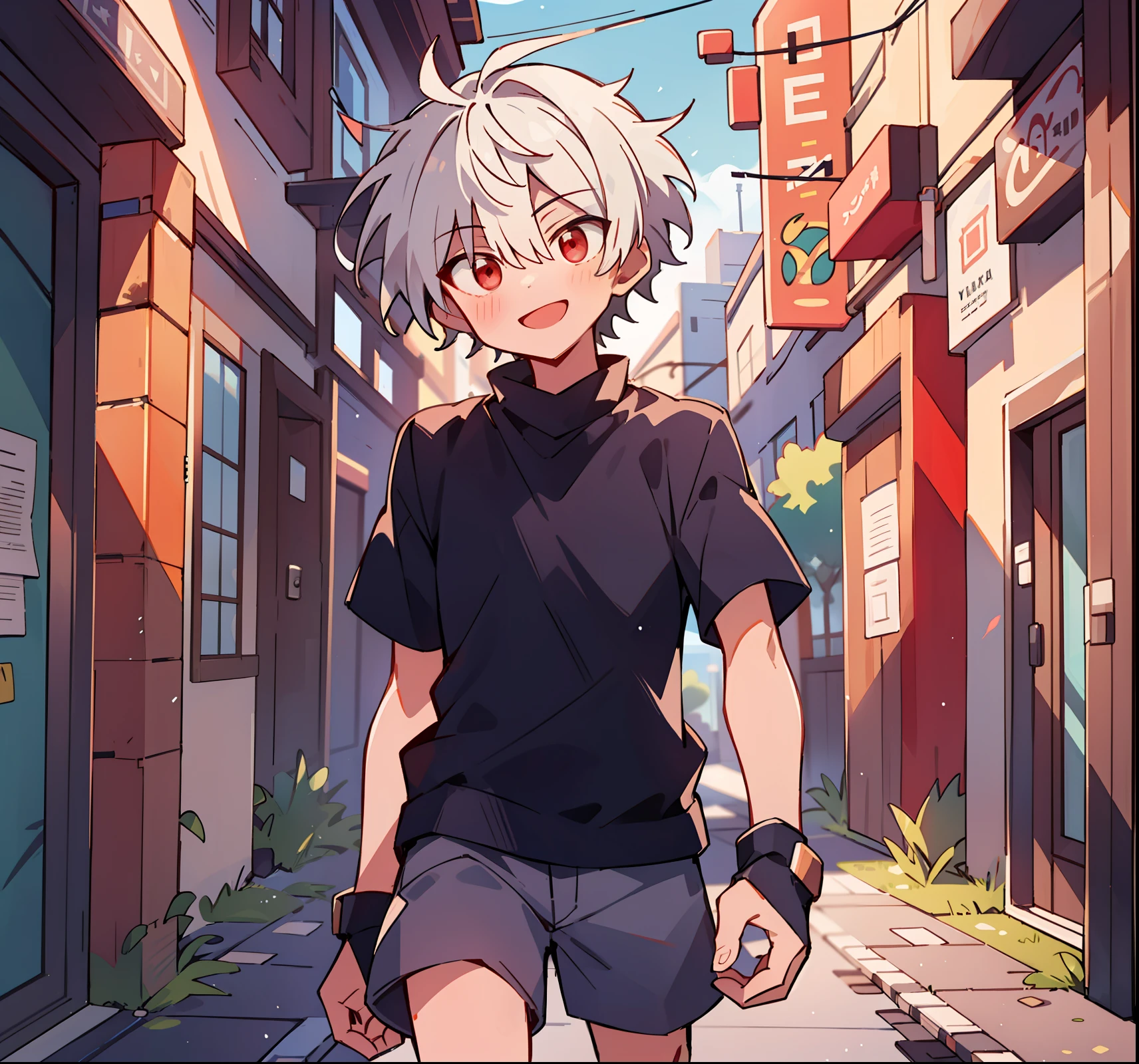 (high high quality, Breathtaking),(Expressive eyes, Perfect face), 1boys, Solo, short, Young boy, Short white hair, Red eyes, Smiling, Black school uniform, wear short shorts, urban surroundings, cyber outfit, Short shorts, Virtual world