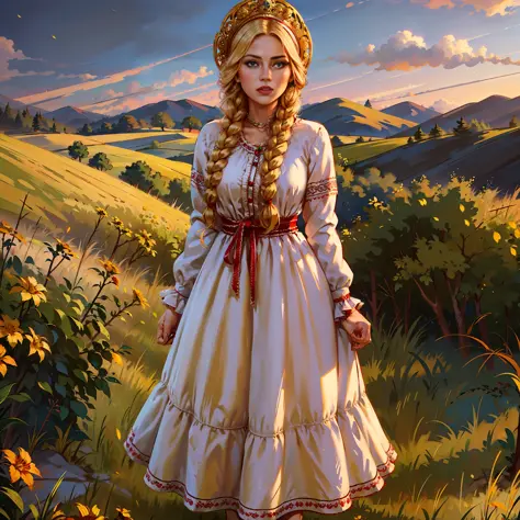 1girl, full body of beautiful blonde lady in white dress with ornate red frills, arms behind back, blue eyes, braid, kokoshnik h...