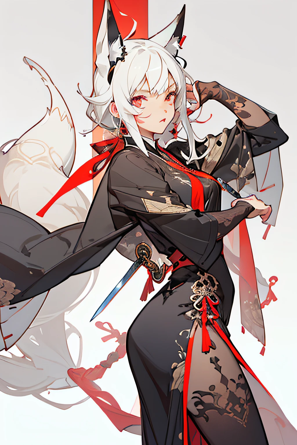 best qualtiy，Kizi，tmasterpiece，best qualtiy，8K，detailed skin textures，Detailed cloth texture，beautifull detailed face，Complicated details，the ultra-detailed，Armed with a sword，black long dress，STRAIGHT WHITE HAIR，（full bodyesbian）black lence stockings，fox spirit